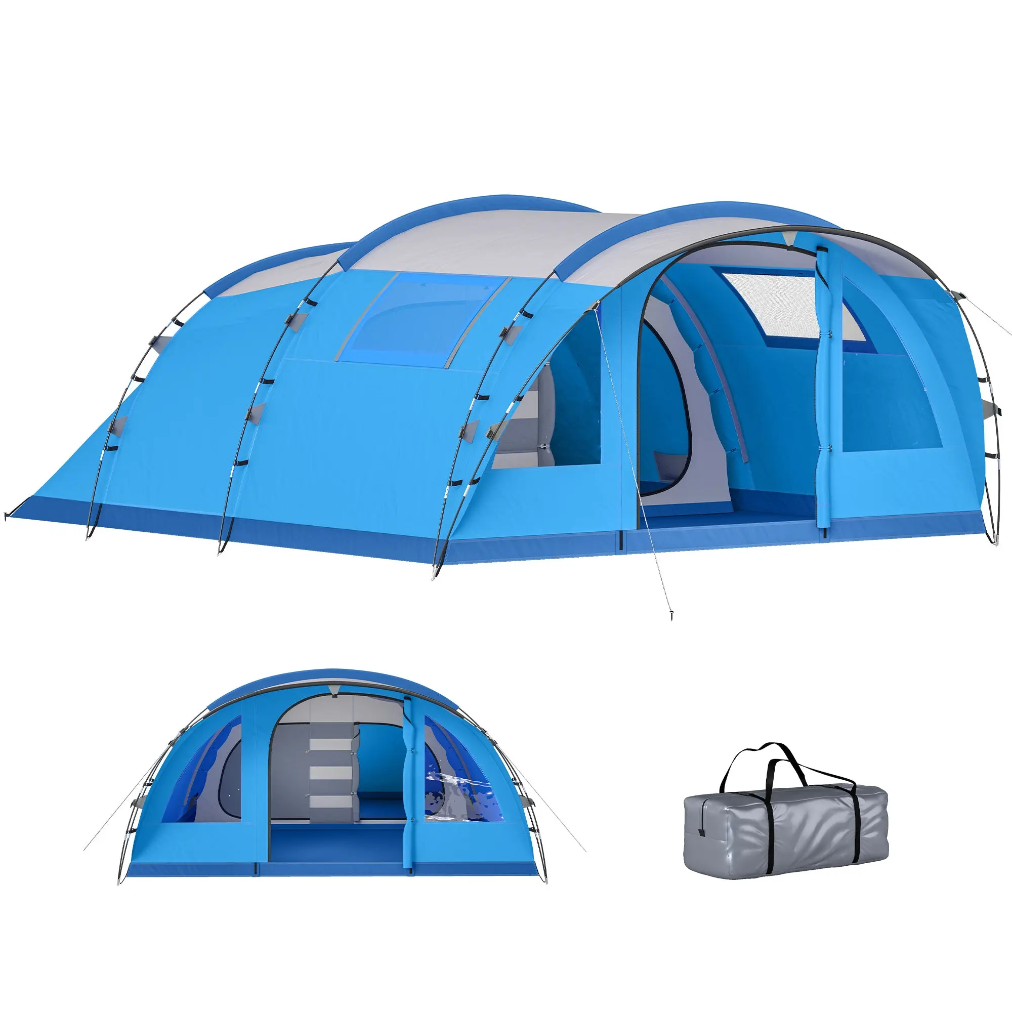 4-Person Family Tunnel Tent – 2 Bedrooms + Large Living Area, 3000 mm Waterproof, Easy Setup, Blue