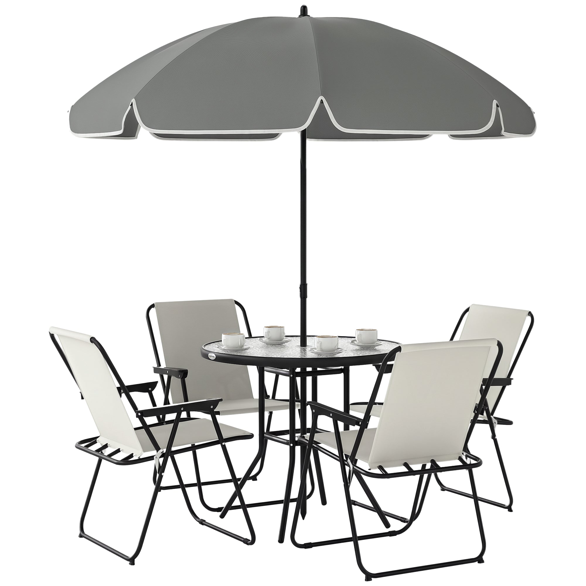 Ensemble de mobilier de jardin Outsunny 6 pièces avec table en verre et parasol, 4 chaises pliantes, crème