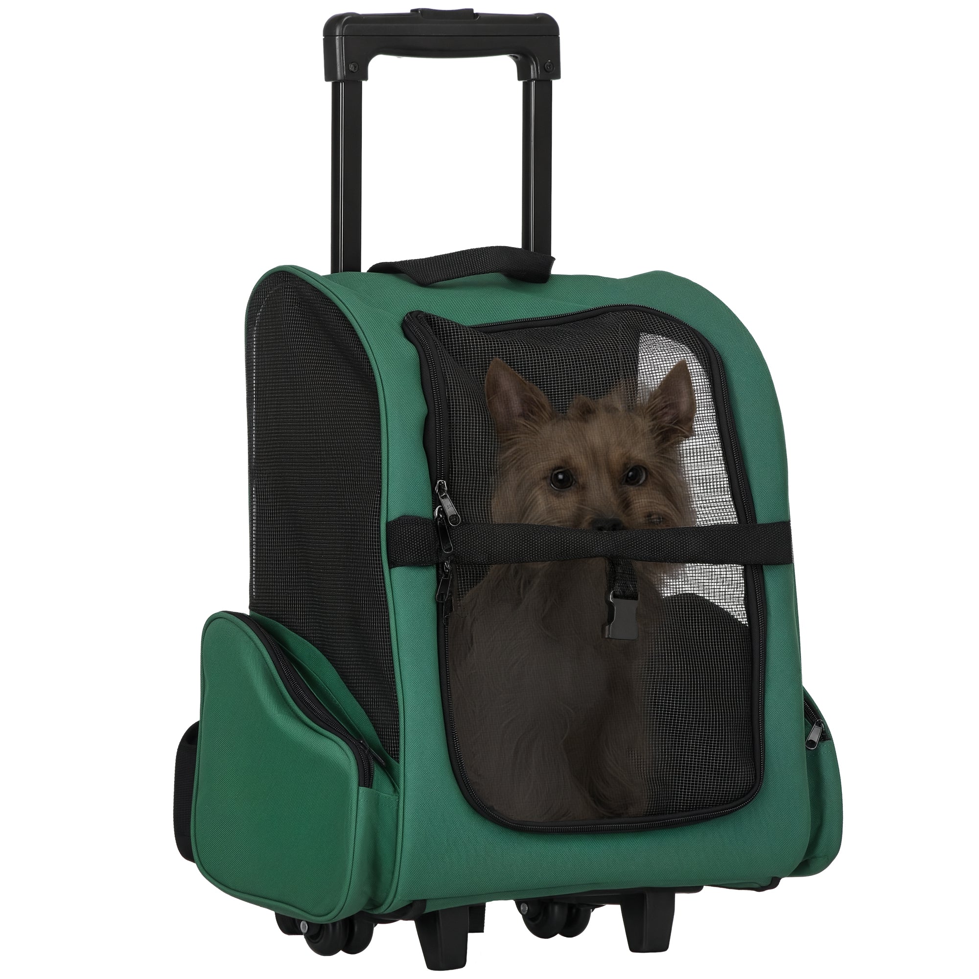 PawHut 2-i-1 Husdjursbärsar, Ryggsäck eller Rullvagn för Hund och Katt med 2 Hjul, Utdragbart Aluminium Handtag och Fickor 42x25x55 cm Grön
