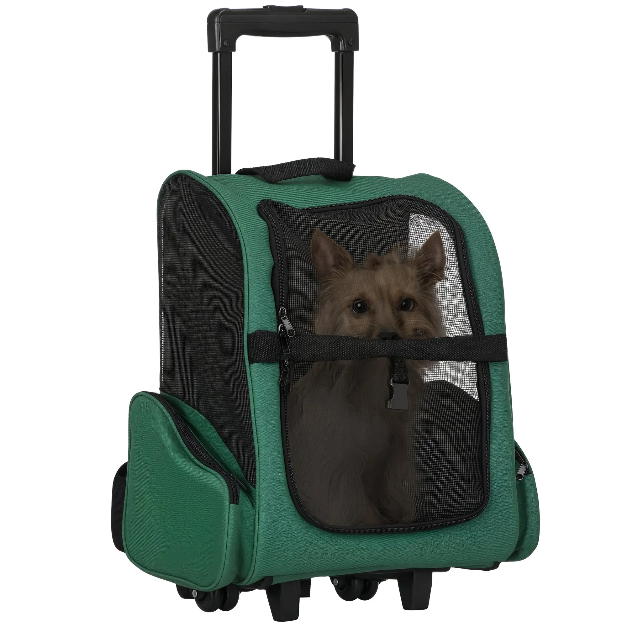 2-in-1 Pet Carrier Backpack or Wheeled Travel Cart for Dog and Cat with 2 Wheels, Retractable Aluminum Handle, and Pockets 42x25x55 cm Green