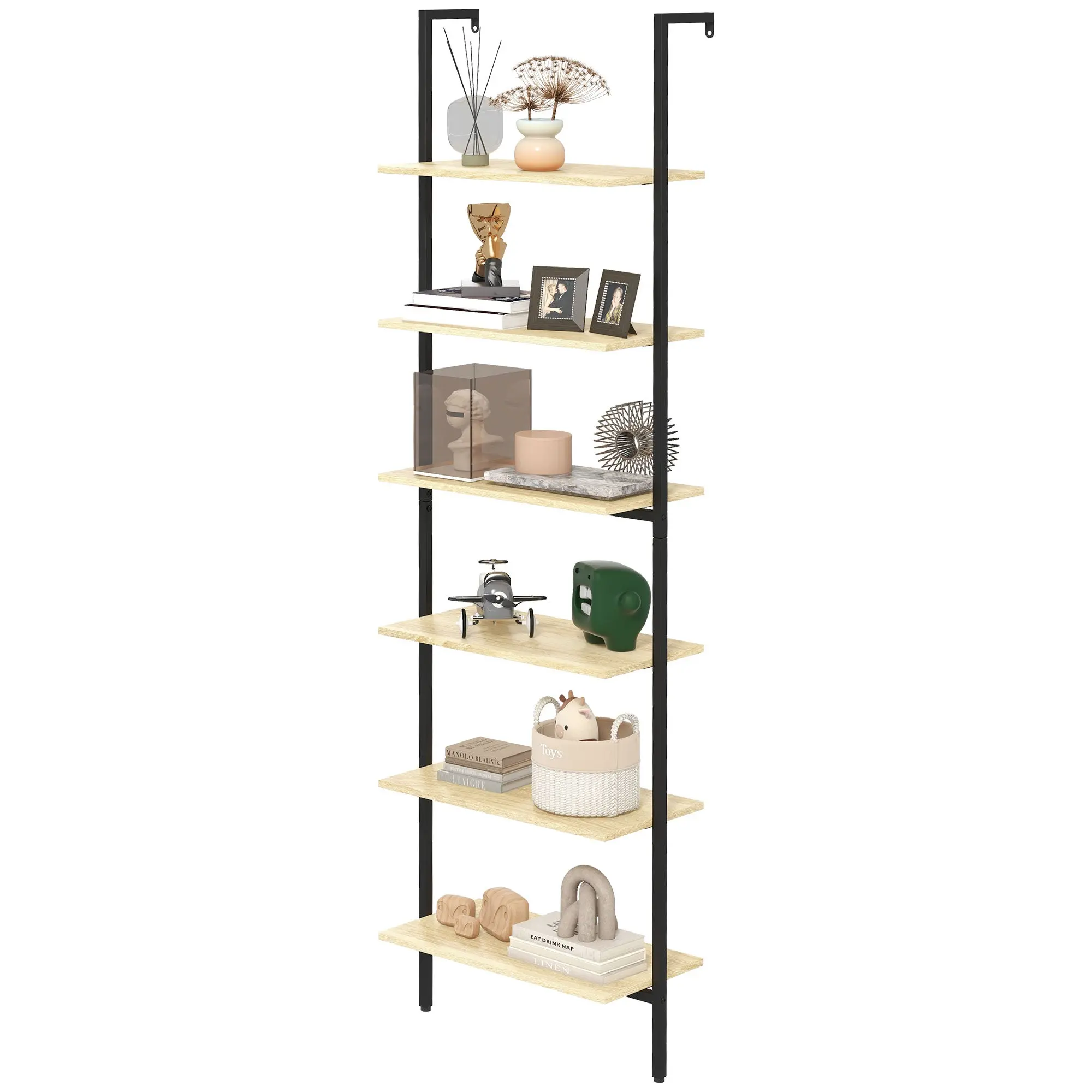 Wall Leaning Ladder Shelf Bookcase Industrial Storage Shelf 6 Shelves Black Steel Natural Wood Look - dim. 60L x 30W x 206H cm