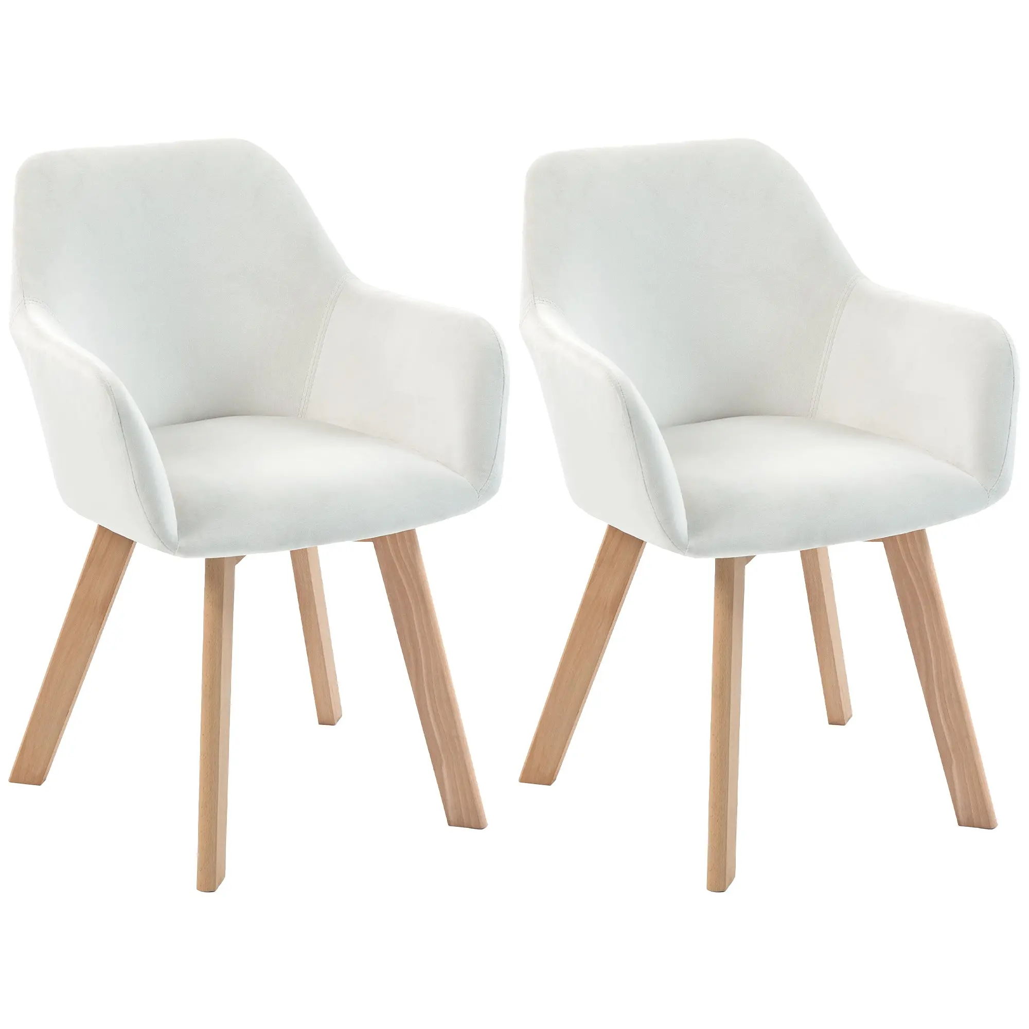 Set of 2 Padded Dining Chairs, Velvet-Effect Polyester Upholstery, Rubberwood Legs, Cream