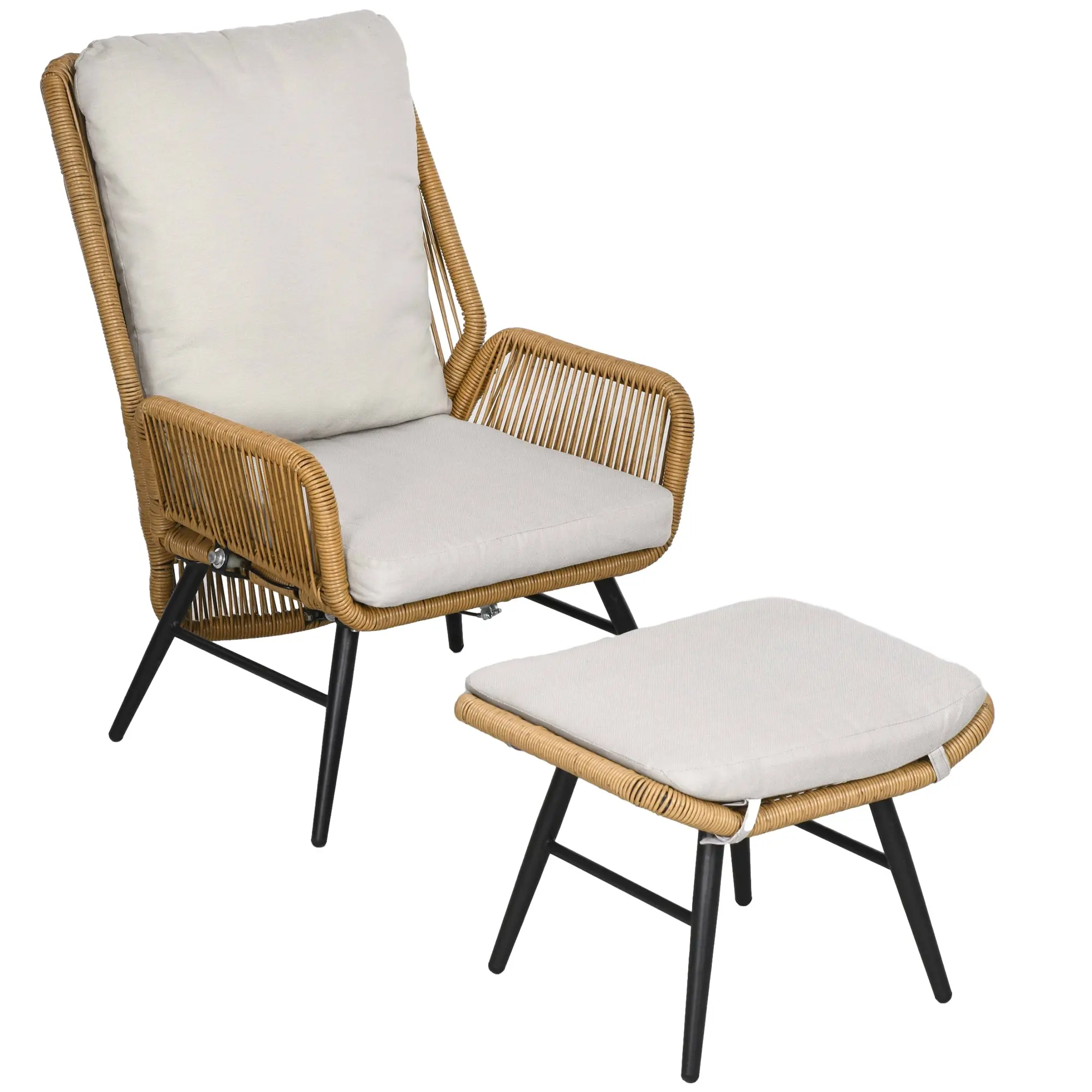Rattan Relax Chair with Footstool Garden Chair with Adjustable Backrest Outdoor Rattan Chair with Cushions for Garden, Balcony, Steel, Polyester Natural