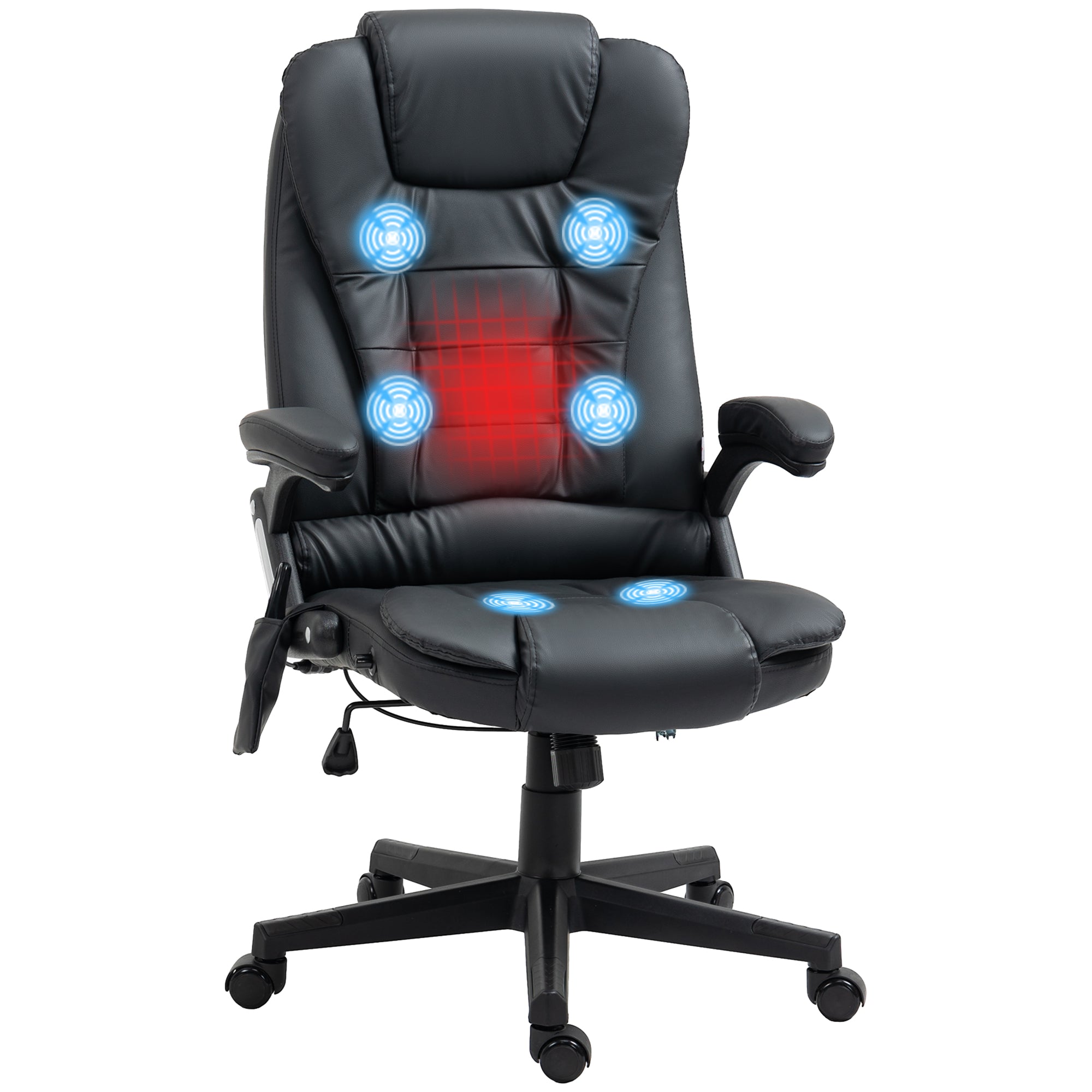 Massage Chair Office Chair, Executive Chair with 6-Point Vibration Massage and Heat Function, Swivel Gaming Chair, Faux Leather, 70 x 70 x 111–121 cm, Black