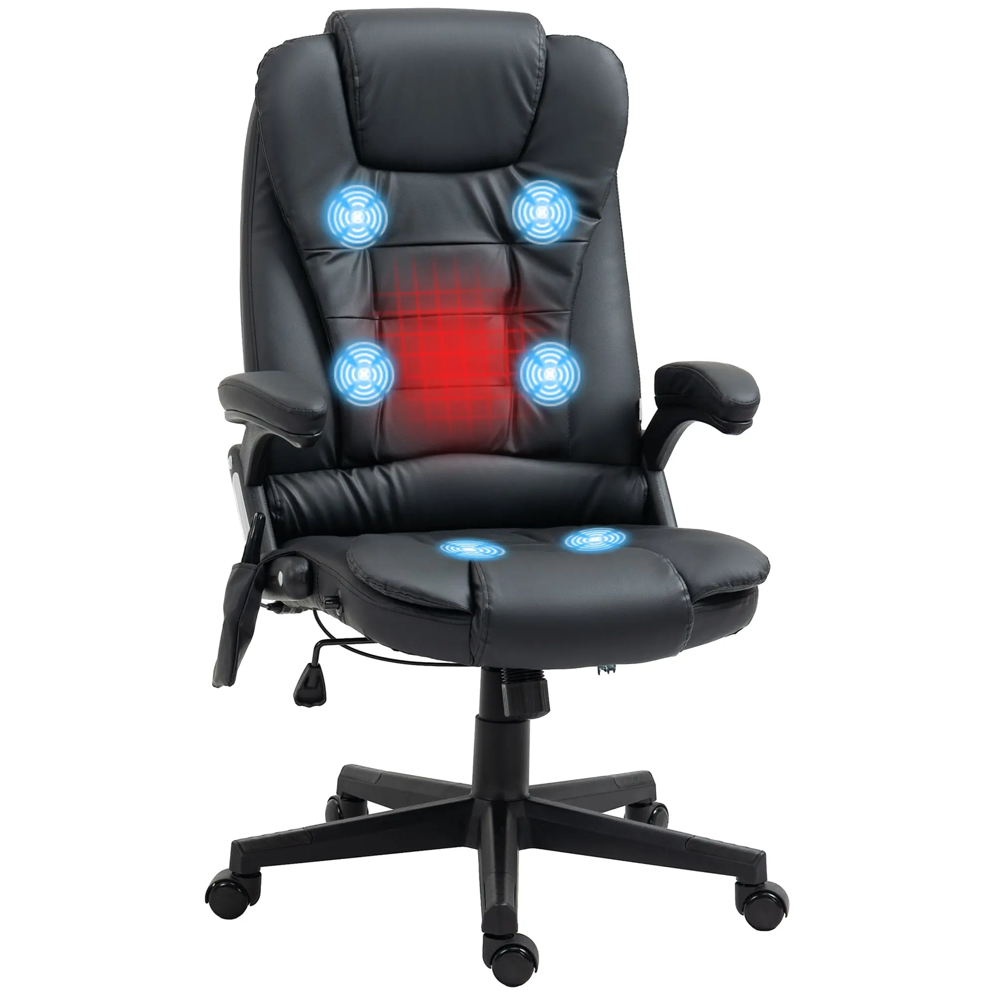 Massage Chair Office Chair, Executive Chair with 6-Point Vibration Massage and Heat Function, Swivel Gaming Chair, Faux Leather, 70 x 70 x 111–121 cm, Black