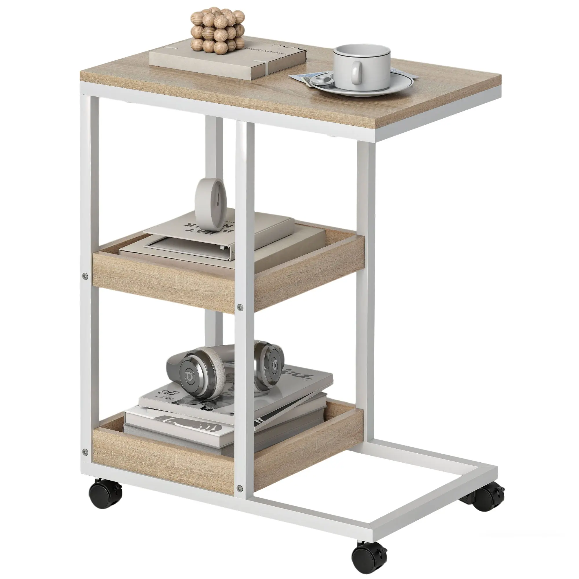 C-Shape Rolling Side Table with 2 Open Shelves, Steel Frame, for Living Room & Bedroom, 20.1 x 13.0 x 26.0 in, Natural Wood & White