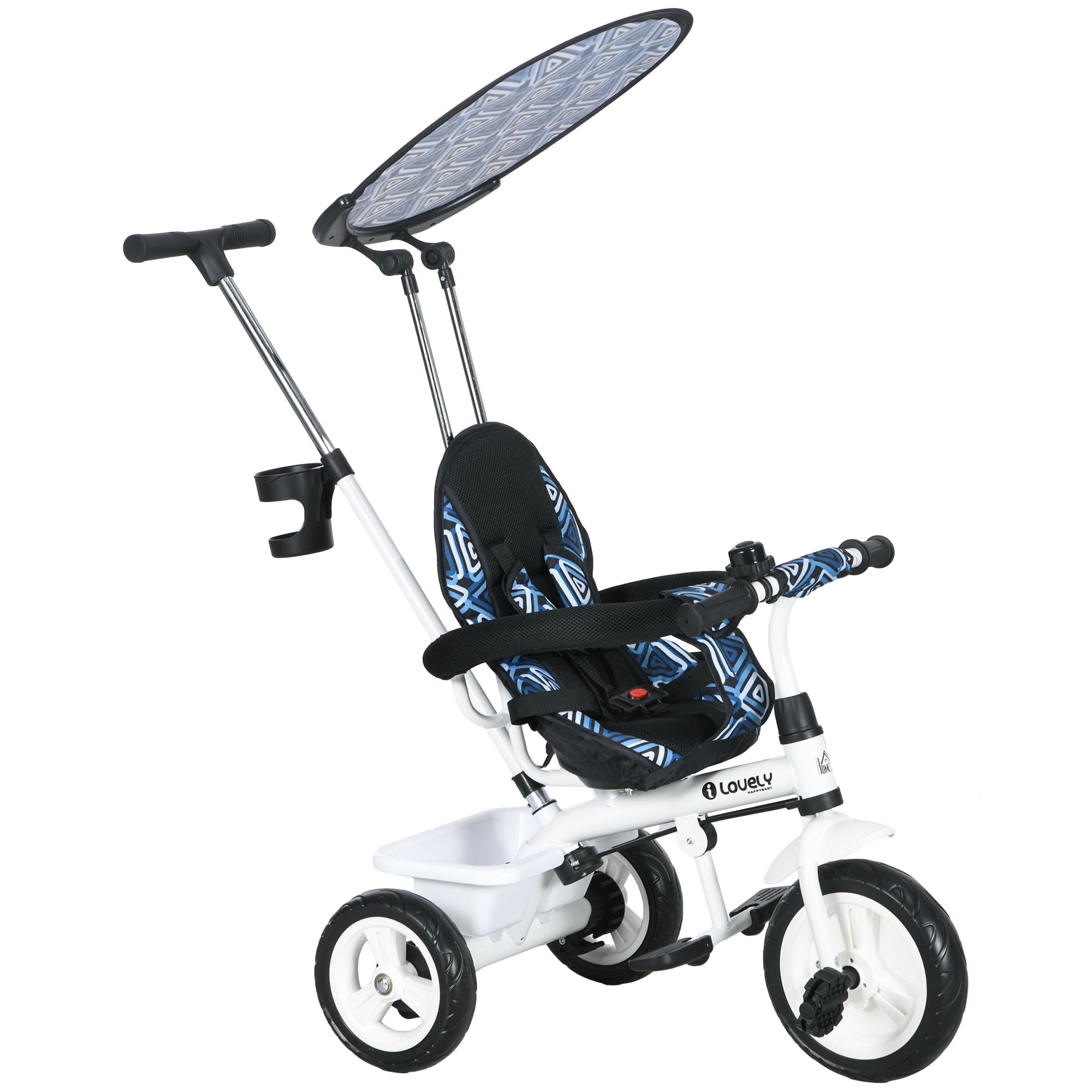 HOMCOM Baby Tricycle 6 a 1 Evolutiv Trike fir Kanner +12 Méint mat Klappbarem Sonnensegel, Telescopeschen an Demontabelen Schubhandgrëf, Verstellbare Sëtz, Kuerf a Fläsch Holder Bläiwäiss