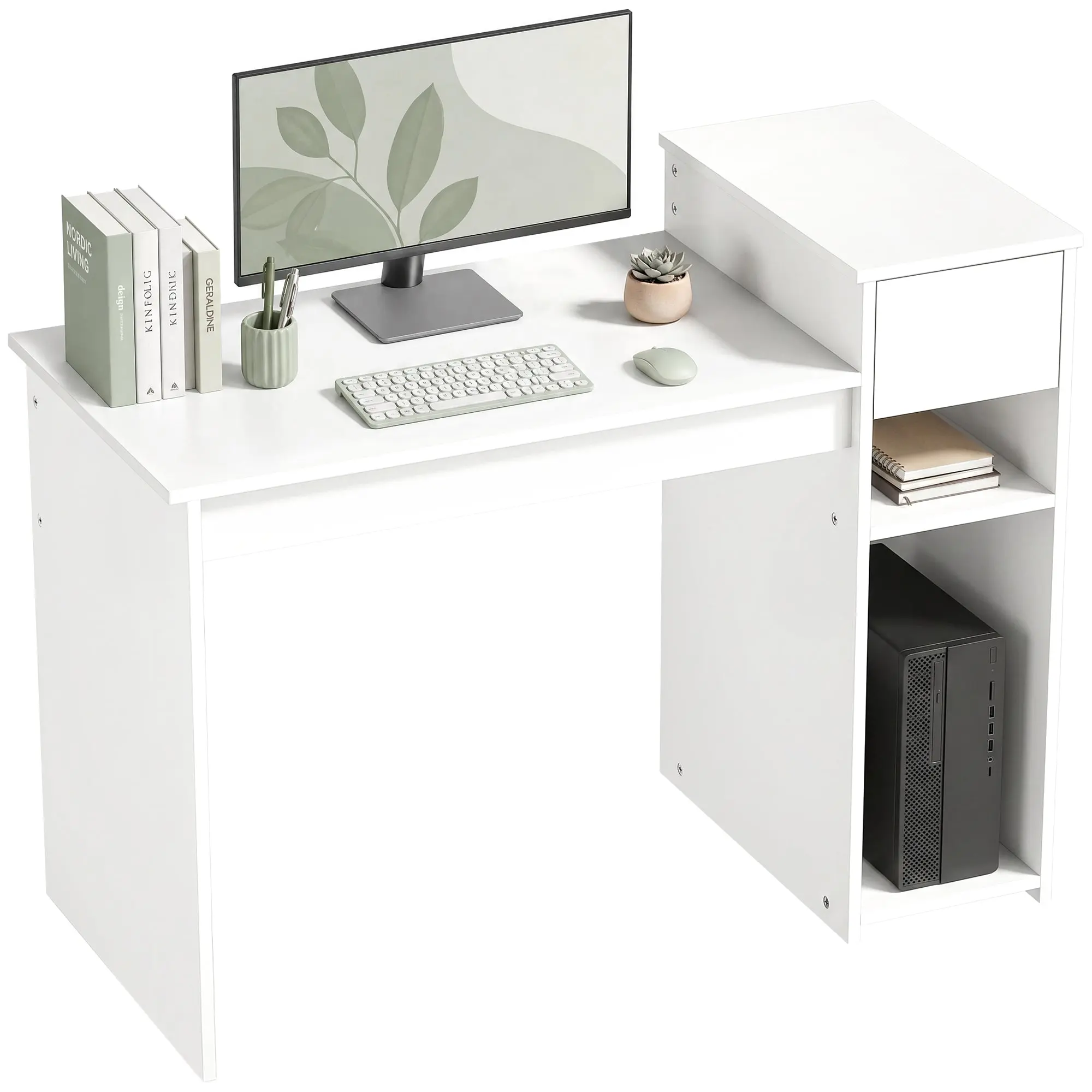 Computer Desk with Drawer & Shelf, Desk with CPU Stand, 42.5 x 19.7 x 32.3 in (108 x 50 x 82 cm), Modern, Study Table for Bedroom/Studio, White