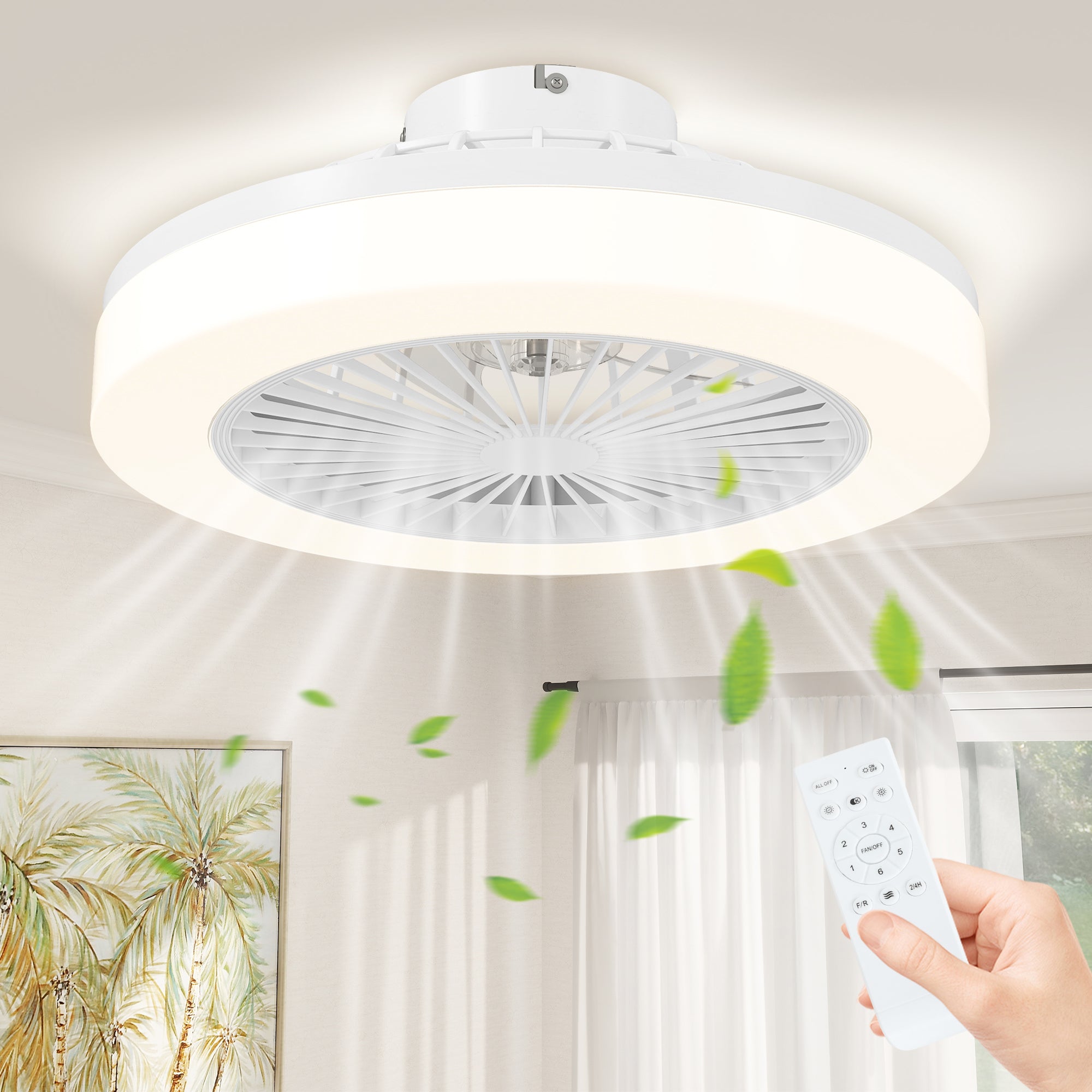 HOMCOM Lühter Valgustusega ja Kaugjuhtimisega, Ø46 cm, 40W Hämardatav LED Lühter koos Ventilaatoriga, 6 kiirusastet, taimer, pööratav DC mootor, akrüülvarjund, Valge