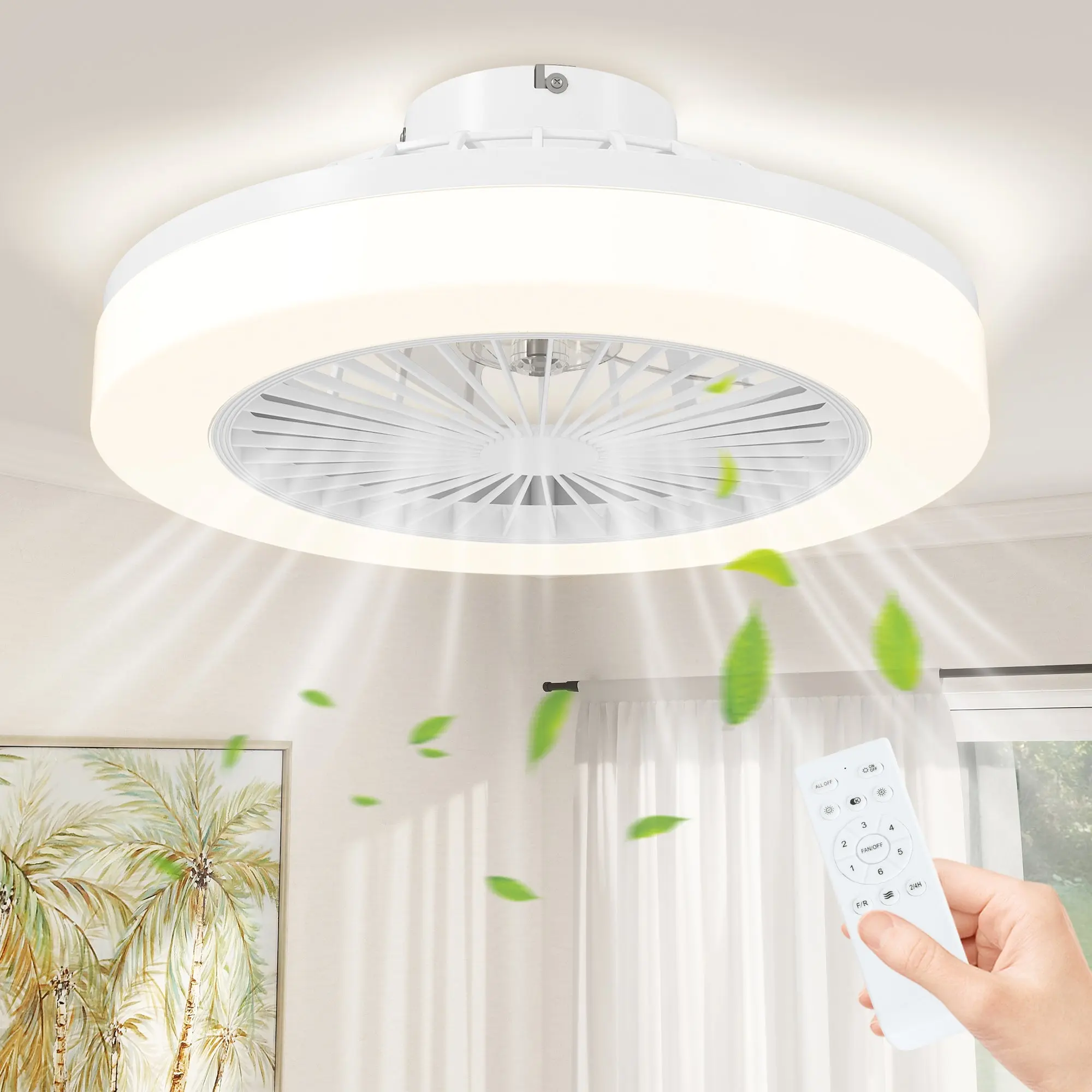 Ceiling Fan with Lighting and Remote Control, ?46 cm, 40W Dimmable LED Ceiling Light with Fan, 6 speeds, timer, reversible DC motor, acrylic lampshade, White