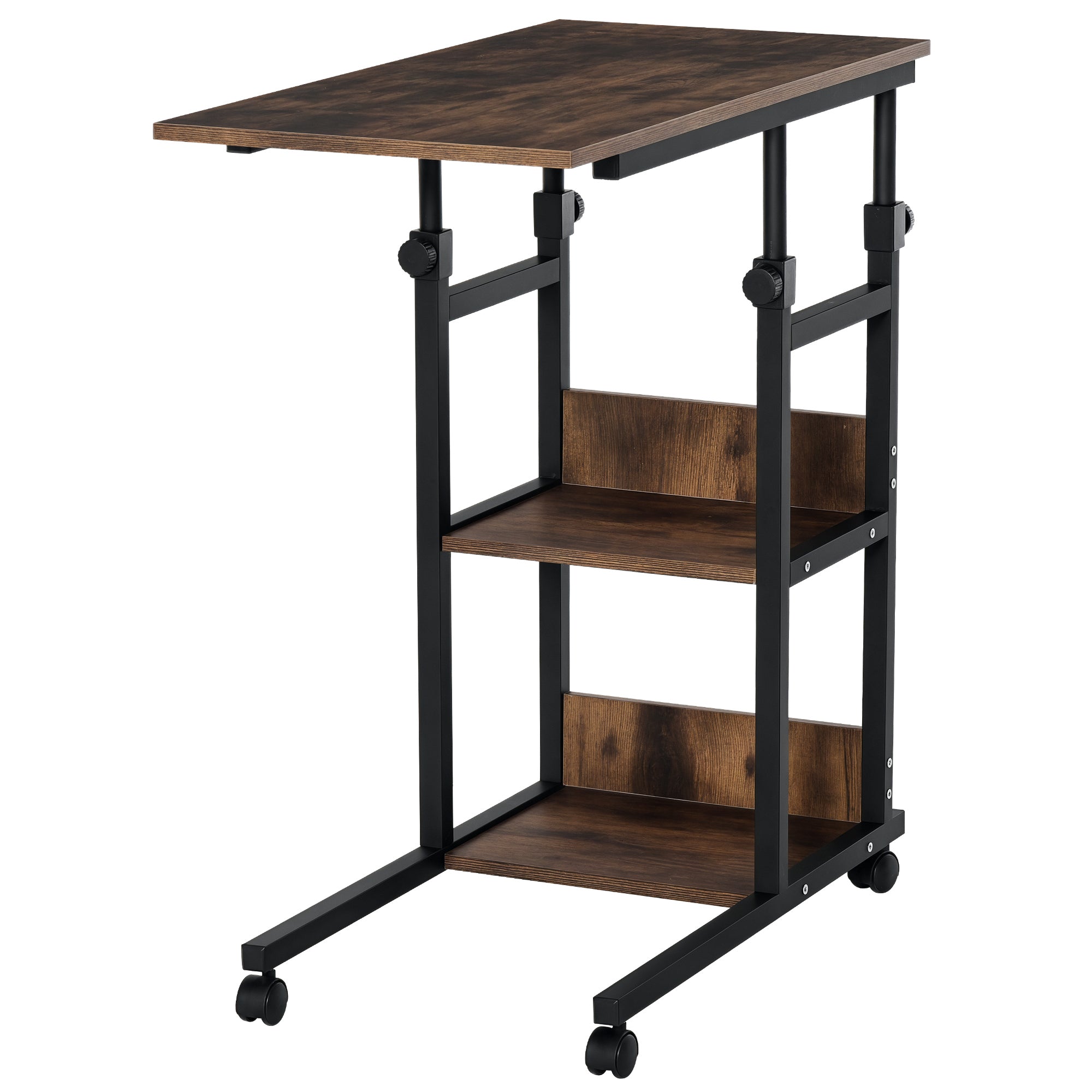 HOMCOM Bijzettafel met Wielen, Hoogte Verstelbaar Bureau met 2 Onderste Planken, Einde Tafel Laptop Tafel, Nachtkastje, voor Eetkamer en Woonkamer, Metaal, Bruin, 80x40x72-82 cm