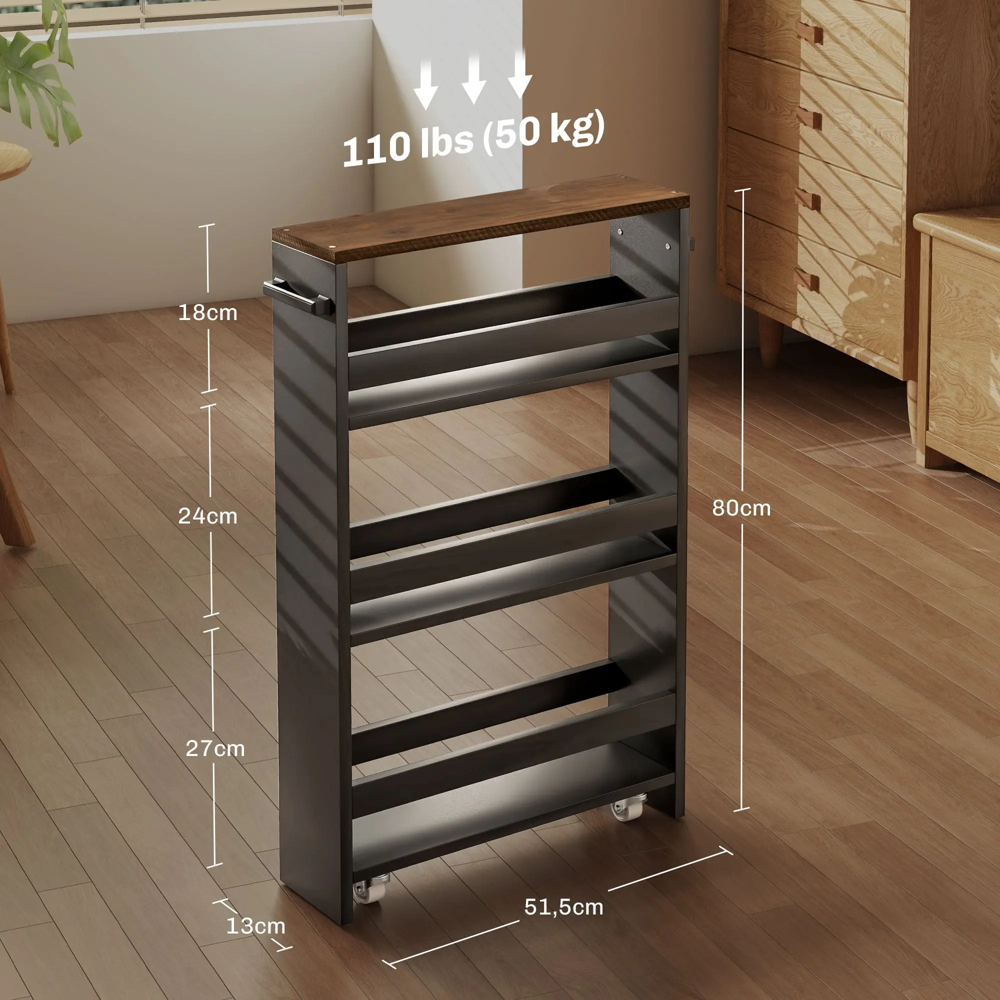 Storage Trolley Cart with Wheels and 3 Storage Levels, dim. 51.5L x 13W x 80H cm, for Kitchen Bathroom Office, black