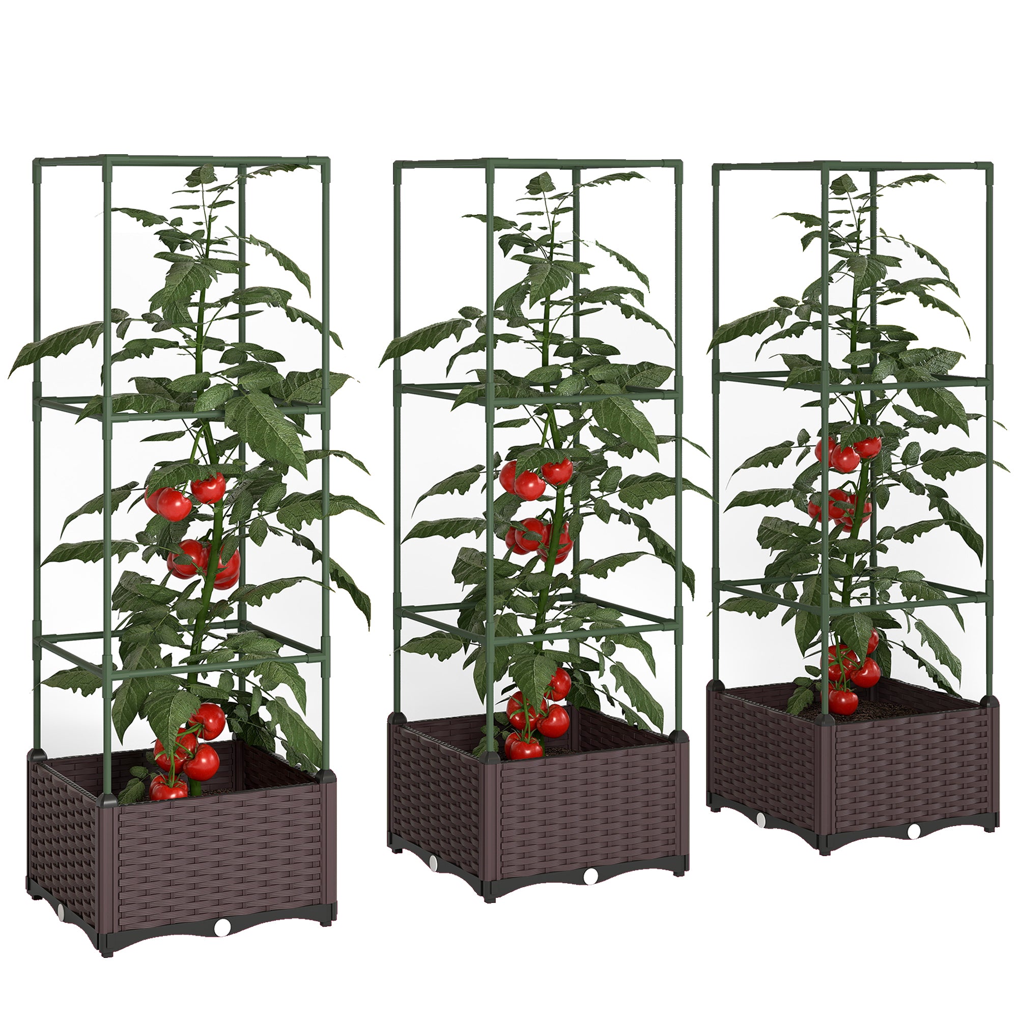 Outsunny verhoogde plantenbak met klimrek — set van 3 voor bloemen, klimplanten en groenten, met afwateringsgaten, groen/donkerbruin, 40 x 40 x 125 cm