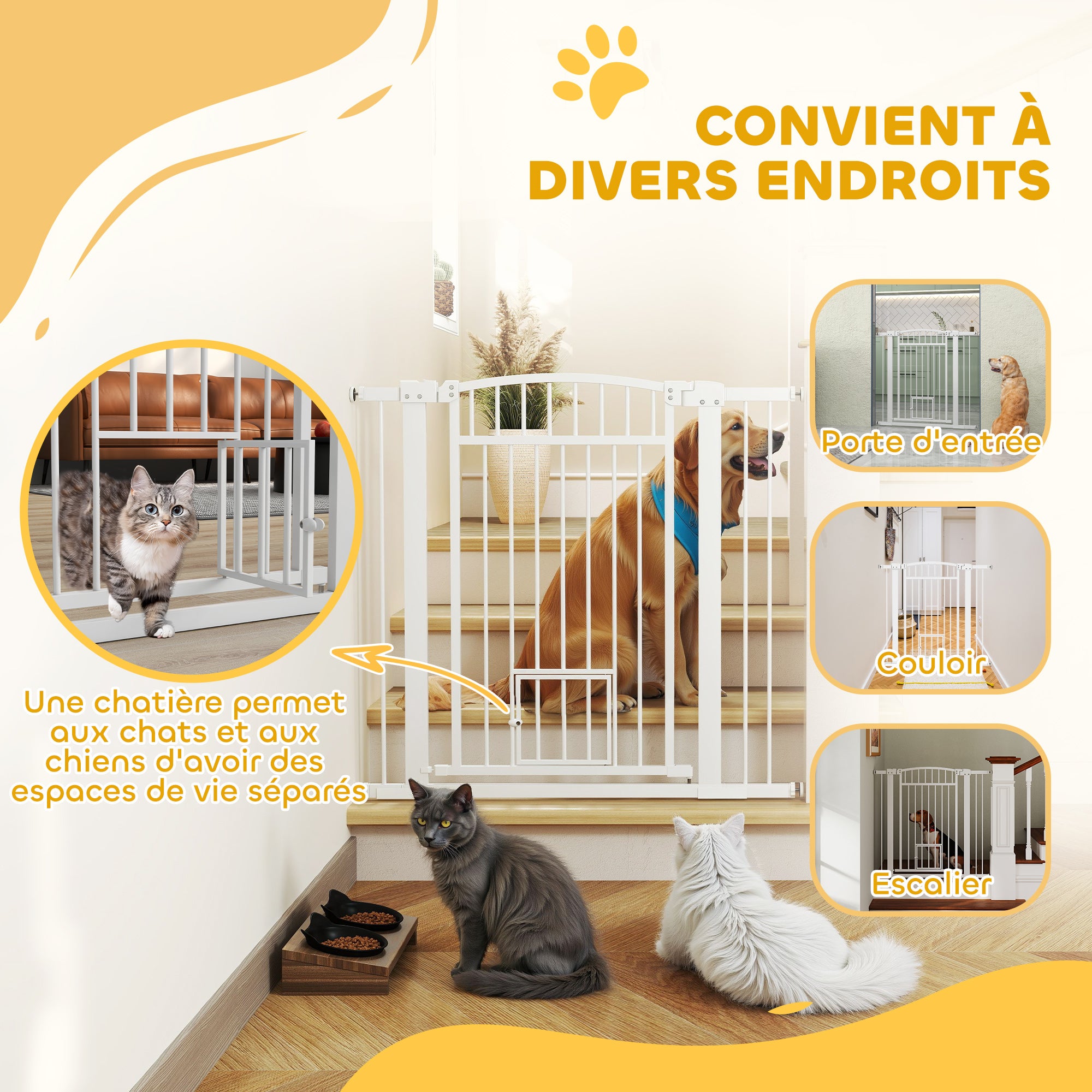 Extendable Dog Safety Barrier 76-104 x 95 cm, stair and door barrier with double locking system, pressure or drill mounting, dog and cat barrier, white