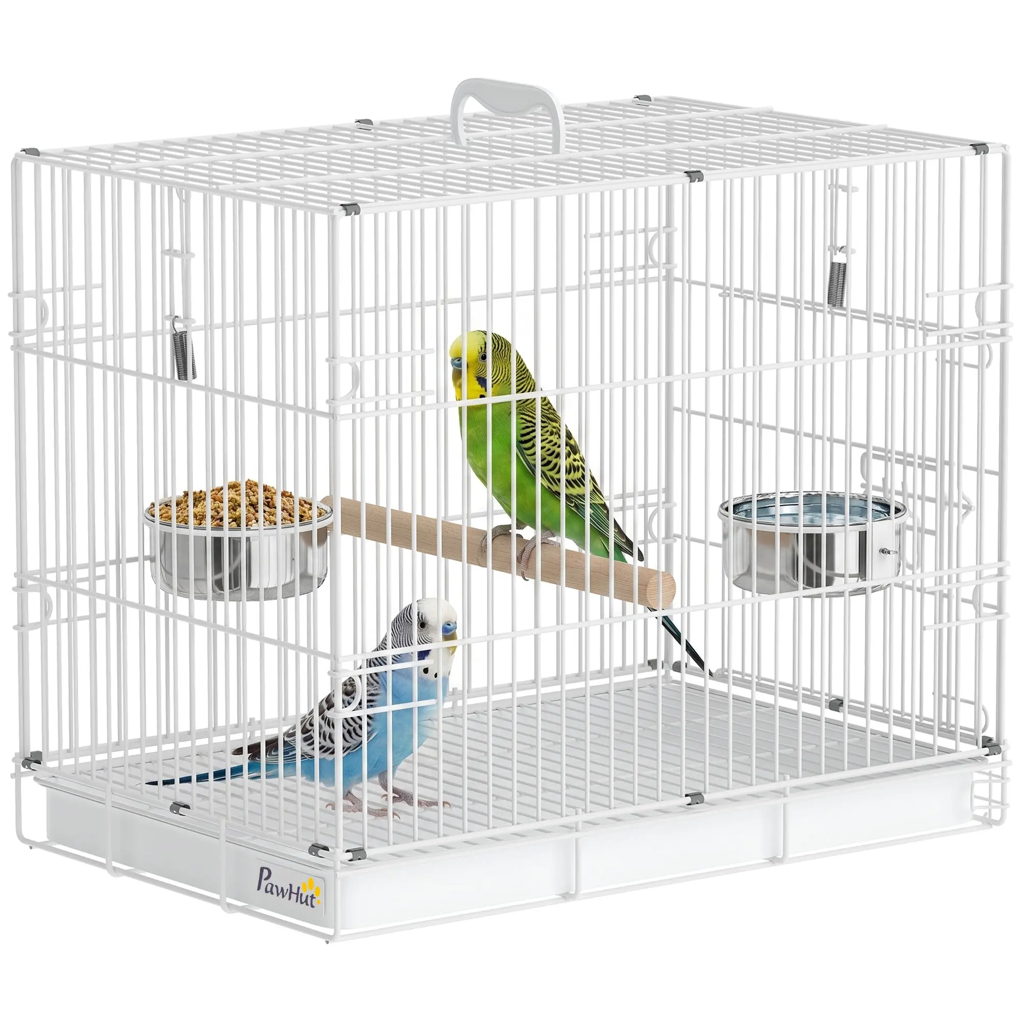 Portable Bird Cage for Budgies & Cockatiels, Collapsible Folding Bird Cage with Carry Handle, Wooden Perch, 2 Stainless Bowls & Removable Tray, White