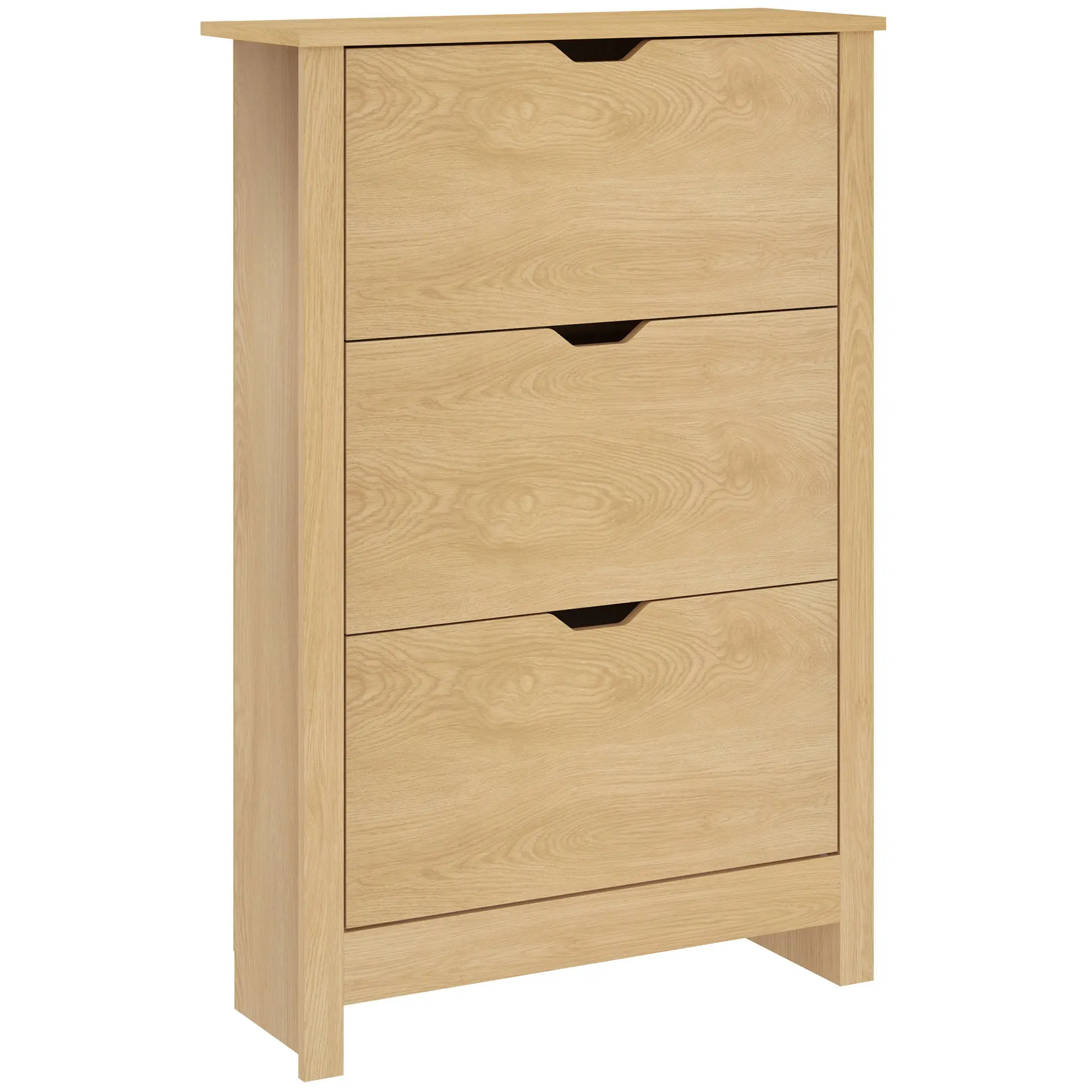 Slim Space-Saving Shoe Cabinet with 3 Flip Drawers, Adjustable Shelves, Holds 18 Pairs – Oak Finish (28.3 x 10.2 x 44.1 in)