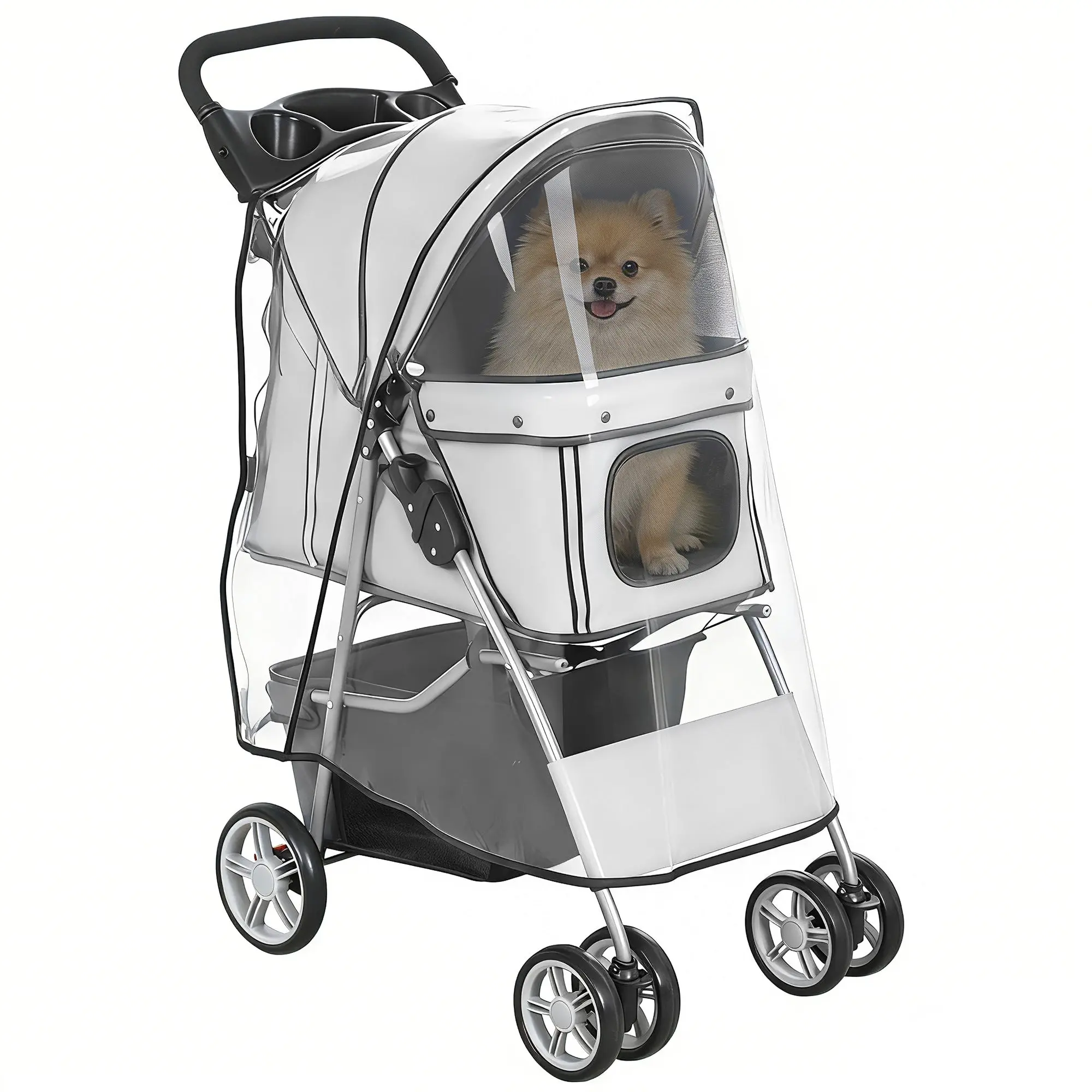 Foldable Pet Stroller Buggy — Waterproof, Rain Cover Included, Cup Holder & Storage Basket, Wheels with Brake, 600D Oxford, Steel Frame — Gray