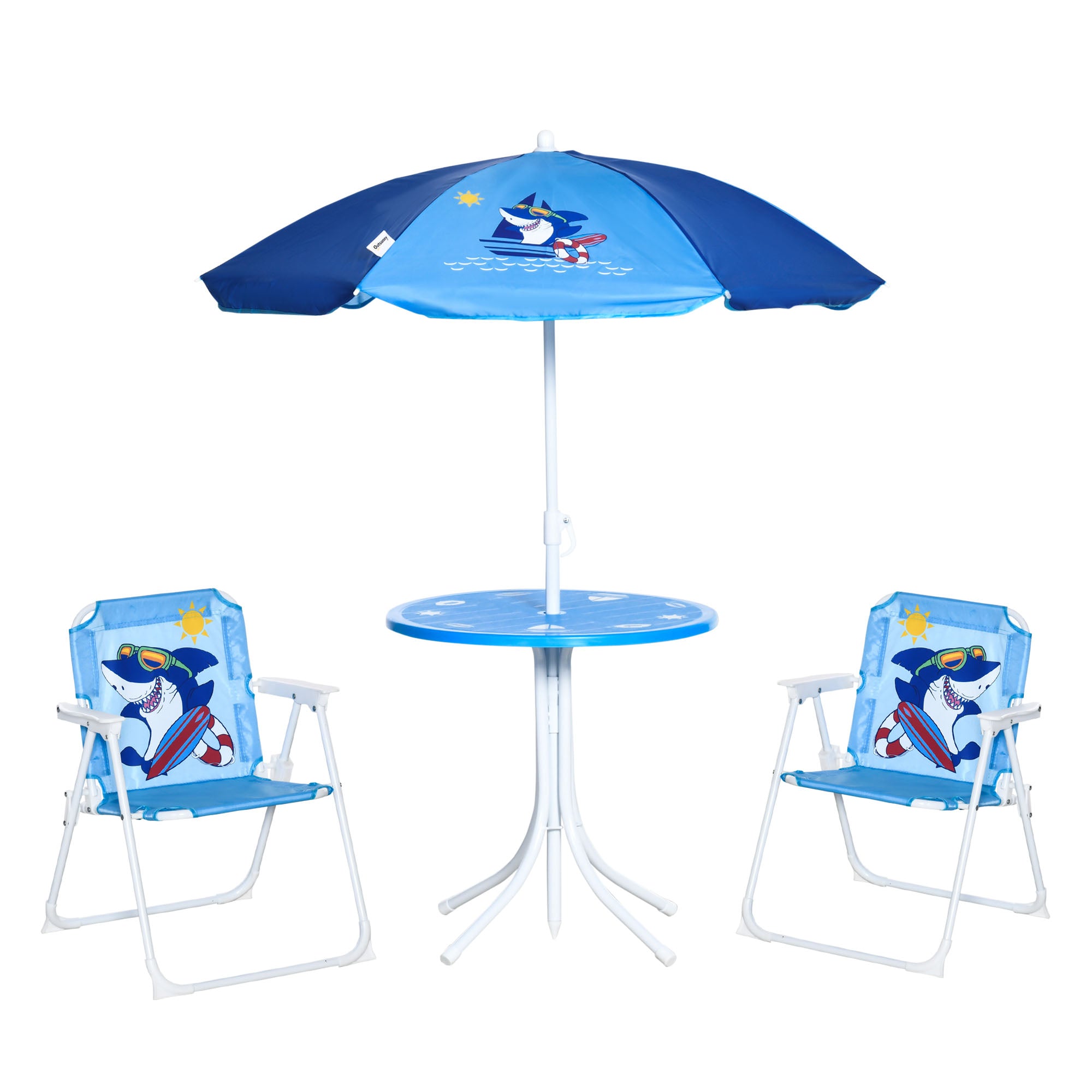 Outsunny 4-teil Optrëttsgrupp fir Kanner - Gaardentisch, 2 Klappstécker, Sonnenschirm - Camping Kanner Sëtzsetzungs-Patio Möbel fir 3-6 Joer Blo