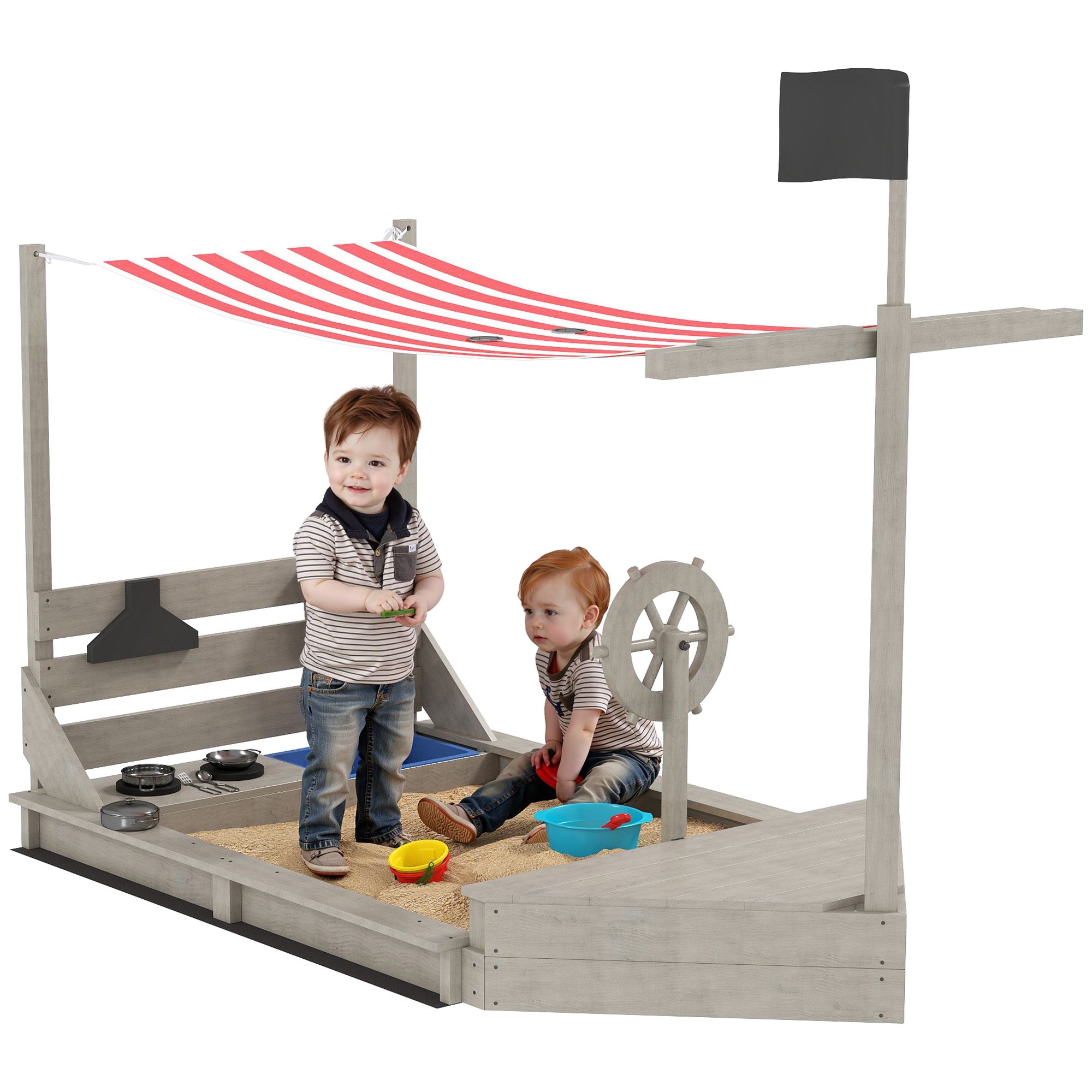Outsunny Sandbox Sandpit Με Μεγάλο Κάλυμμα σε Σχήμα Πλοίου - Ξύλινος Κουβάνκας Με Παιχνιδόσπιτο και Σύνολο Κουζίνας Αποθήκευσης για Παιδιά 3-7 Ετών - Γκρι 180 x 103 x 144,5 εκατ.