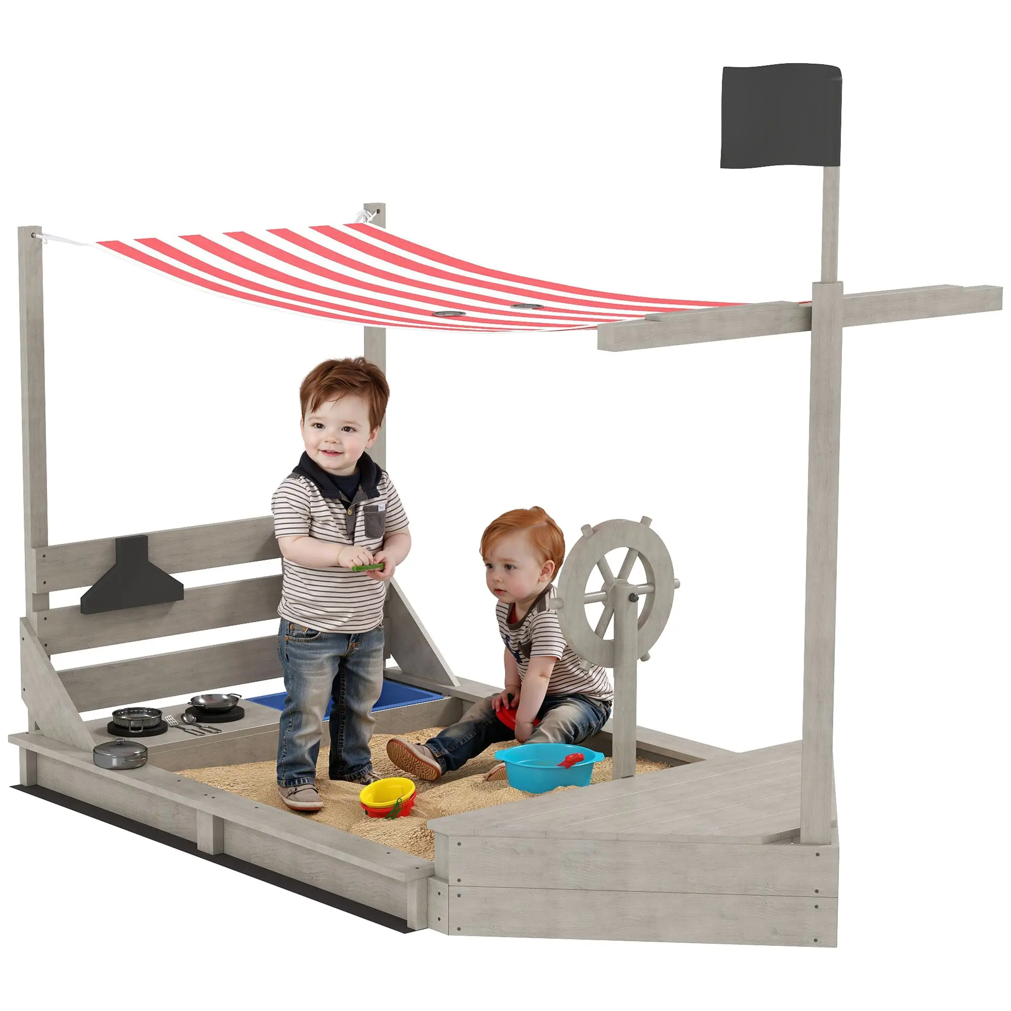 Sandbox Sandpit Large with Cover in Ship Design Mud Box Made of Wood Sailboat Playhouse with Kitchen Playset Storage for Children 3-7 Years Gray 180 x 103 x 144.5 cm