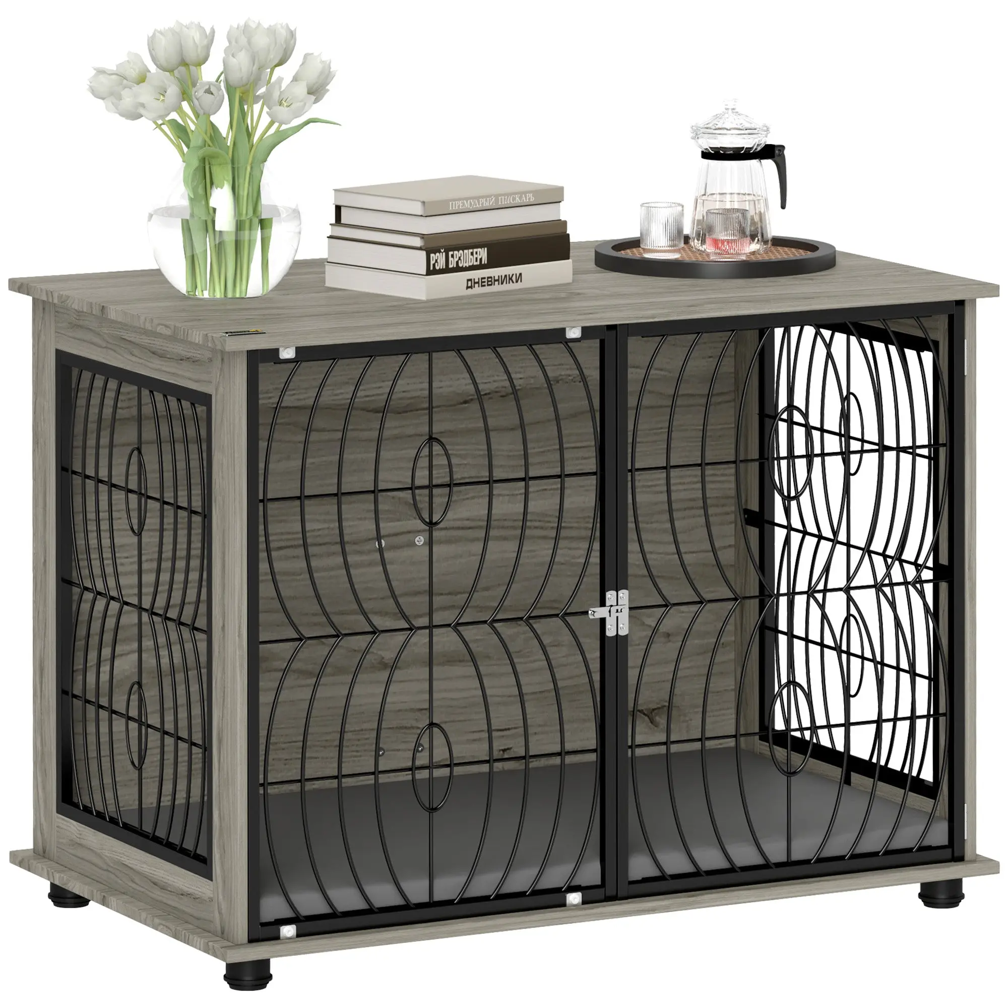Dog Crate for Home, Doghouse, Indoor Pet Cage with Cushion, Dog House with Window, Dog Box for Large Dogs, Grey, 100 x 60 x 73.5 cm