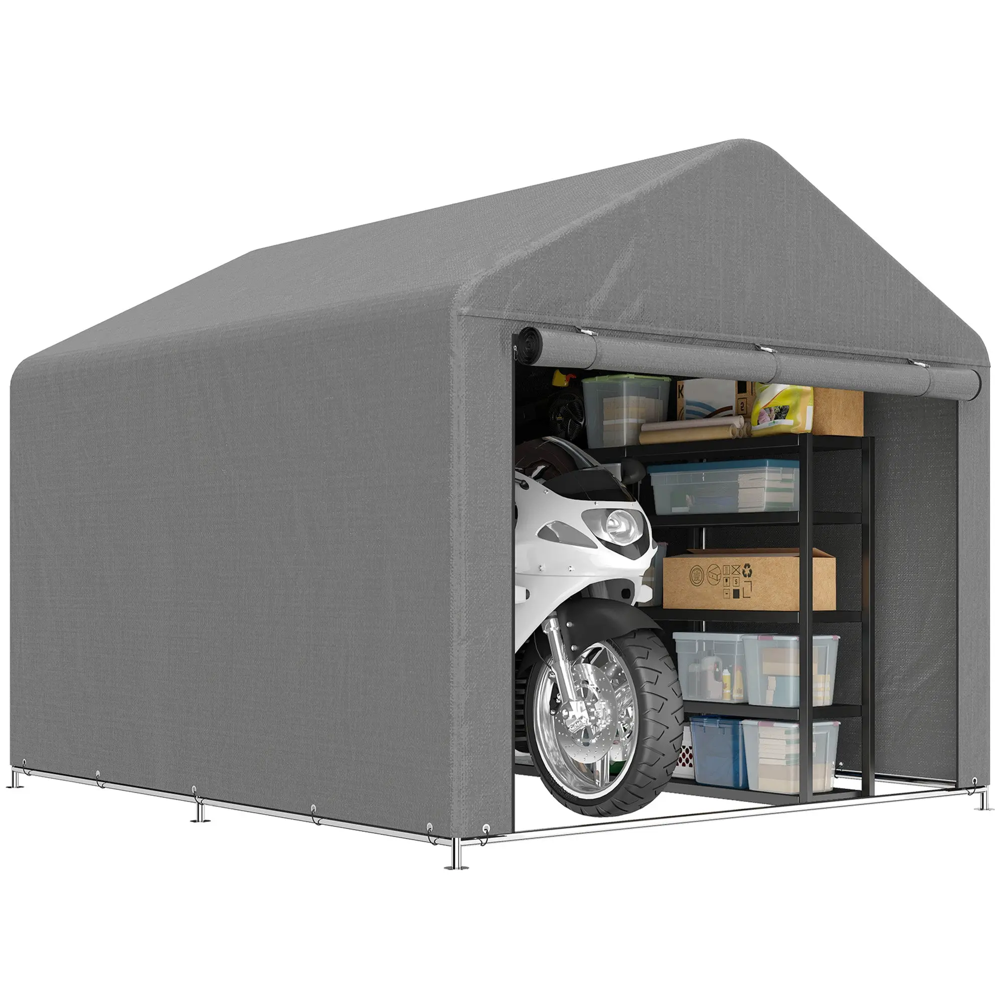 2 x 2.4 m Outdoor Garage Shelter – Waterproof PE Cover, Zip Roll-Up Door, Galvanized Steel Frame, for Bikes & Tools, Light Gray
