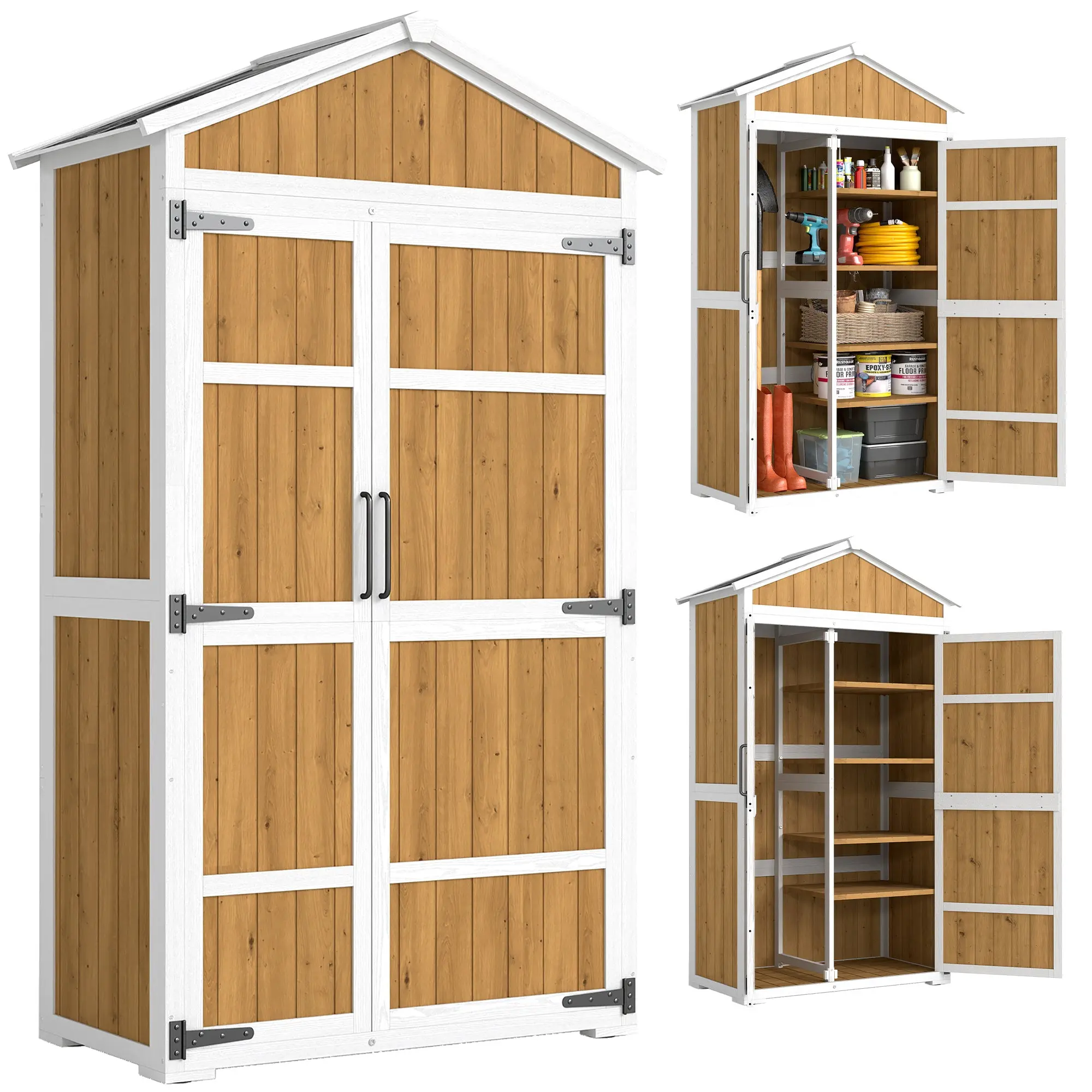 Wooden Garden Cabinet - Waterproof Outdoor Storage with Metal Roof - Double-Door Patio Storage for Garden Tools, 105 x 55 x 179 cm (41.3 x 21.7 x 70.5 in), White & Natural