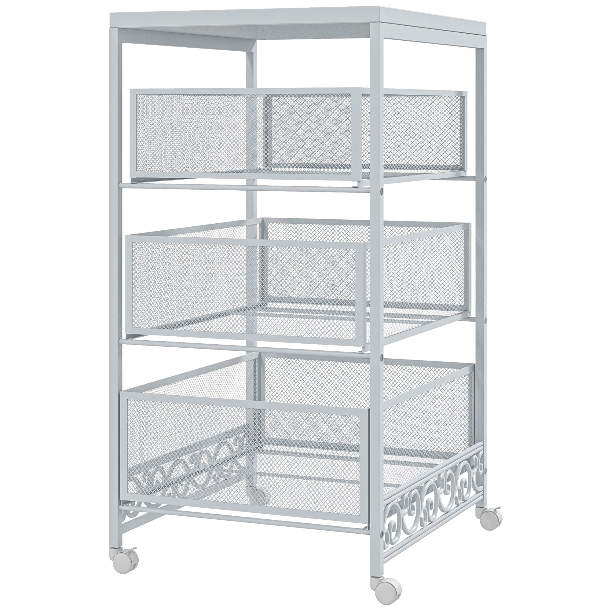 HOMCOM Utility Cart mit Rädern - 3-stufiger Aufbewahrungwagen mit 3 Korb-Schubladen für Wohnzimmer, Esszimmer, Küche und Bad - 34x29,5x57,5 cm - Weiß