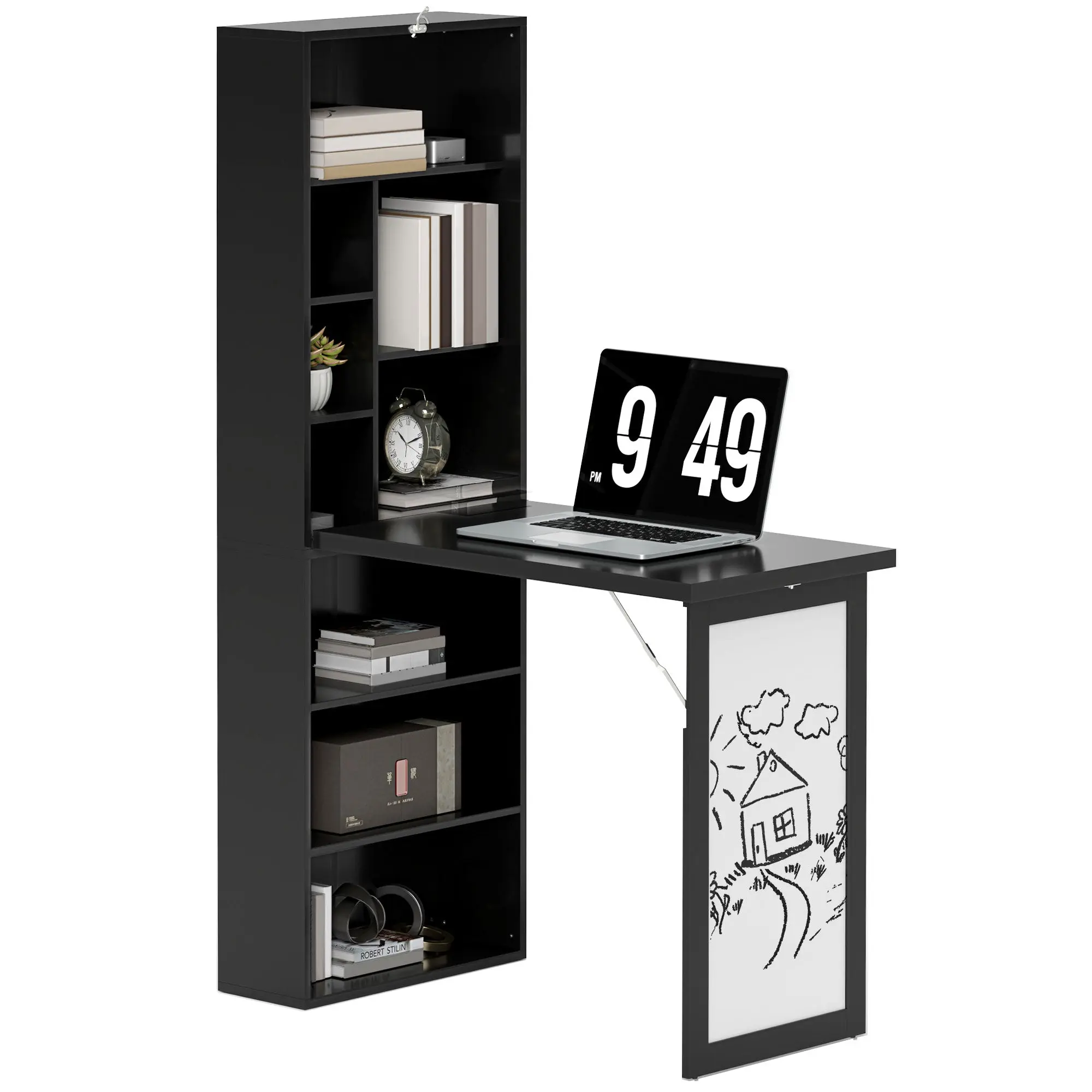Desk with Bookshelf & Whiteboard – Space-Saving Foldable Pine Wood Top, Adjustable Shelf, 9 Open Shelves, Work Table for Home Office/Study, 38.6 x 20.1 x 60.2 in, Black
