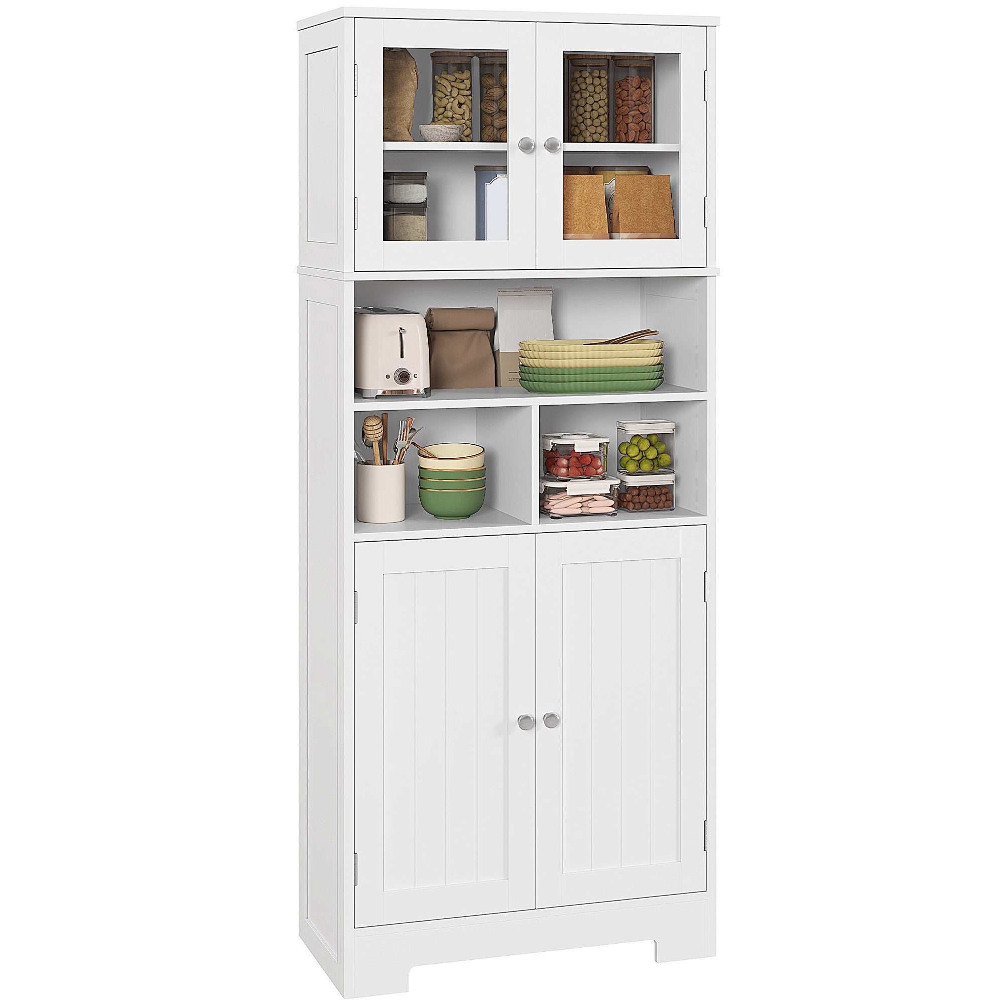 HOMCOM Køkken Skab Høj Opbevaring Skab med 2 Glasdøre Justerbare Hylder og Åbne Rum 60x30x145,5 cm Hvid
