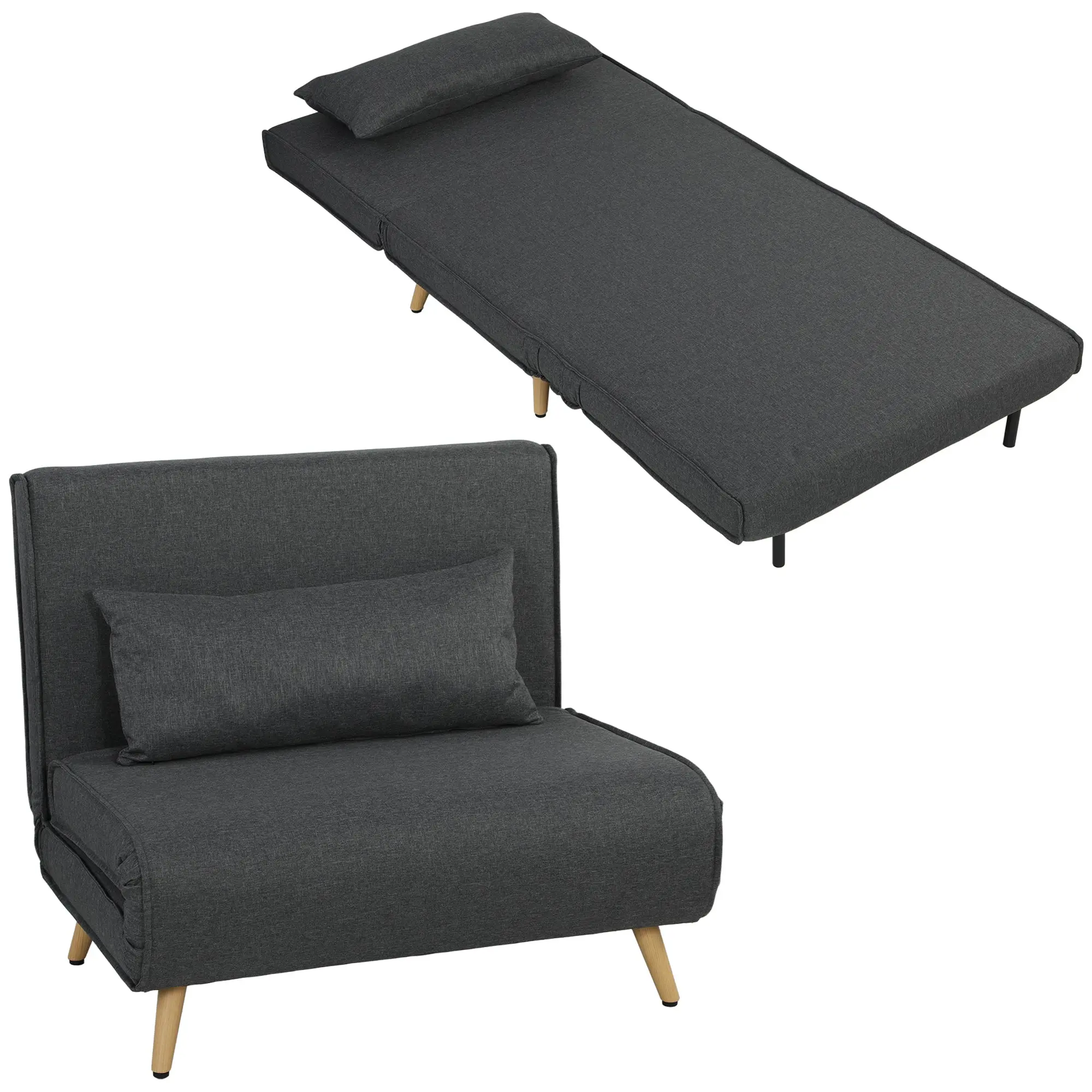 3-in-1 Sleeper Chair with Fold-Out Bed, Converts to 190 x 63 cm Single Bed, Adjustable Recline, Metal Legs, Lumbar Pillow, Linen-Look Grey