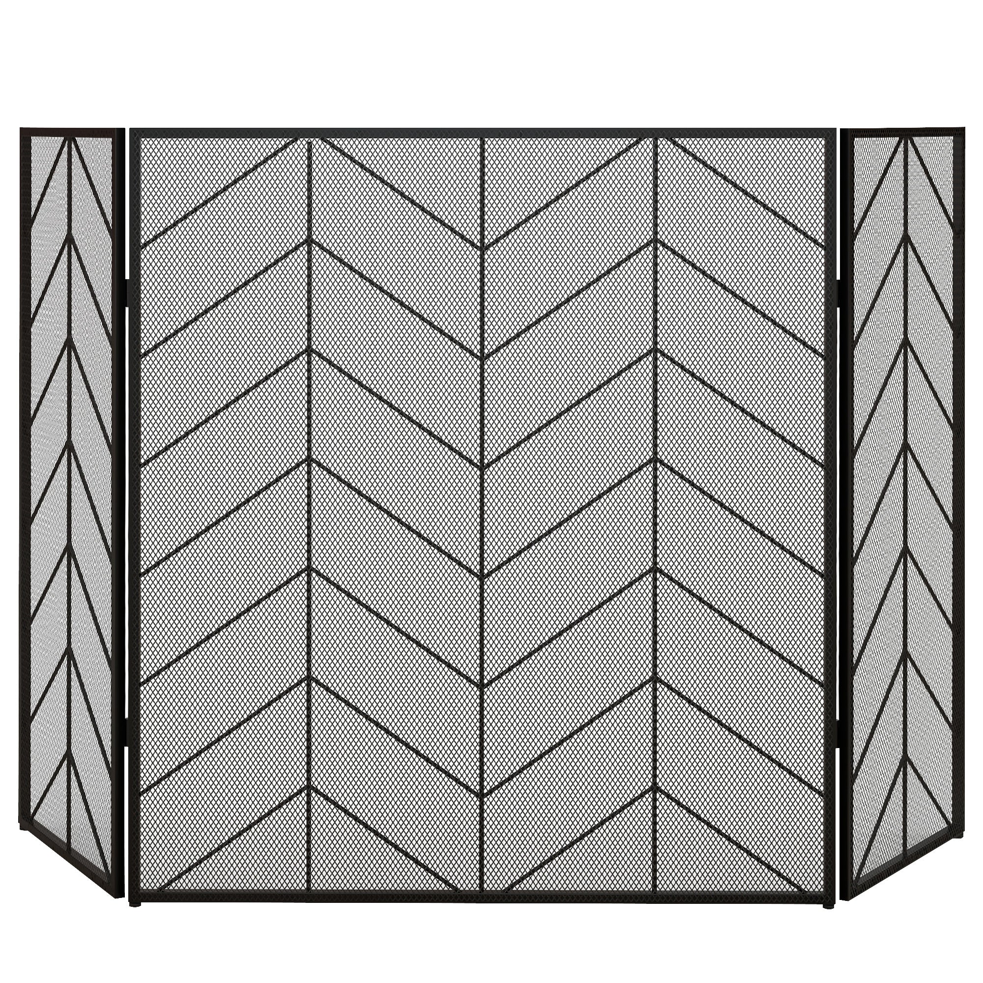 Spark Protection Screen, 3-Panel Foldable Fire Guard, Fireplace Spark Guard, Fireplace Screen, Hearth Screen, Decorative Mesh, Steel, 135 x 85 cm, Black
