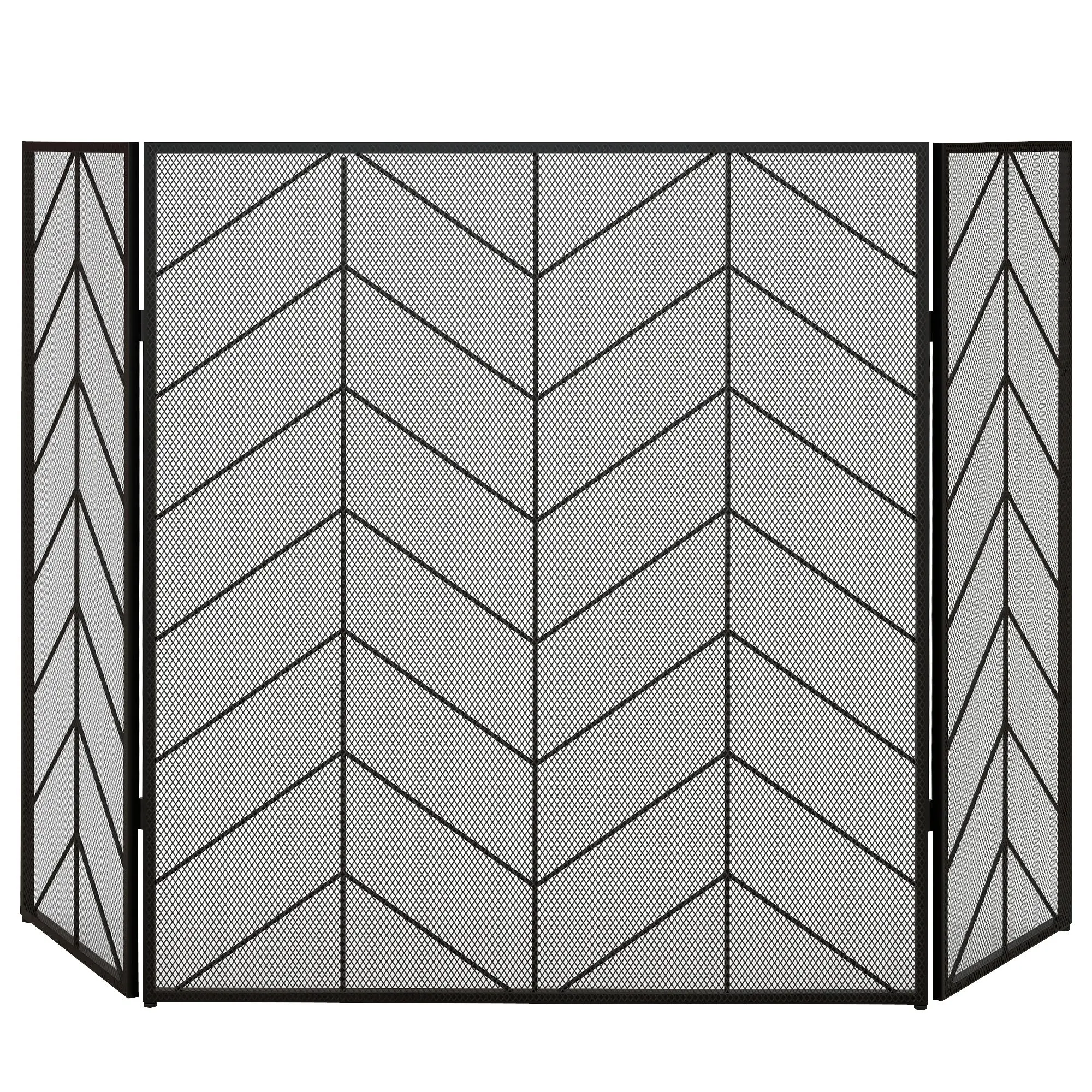 Spark Protection Screen, 3-Panel Foldable Fire Guard, Fireplace Spark Guard, Fireplace Screen, Hearth Screen, Decorative Mesh, Steel, 135 x 85 cm, Black