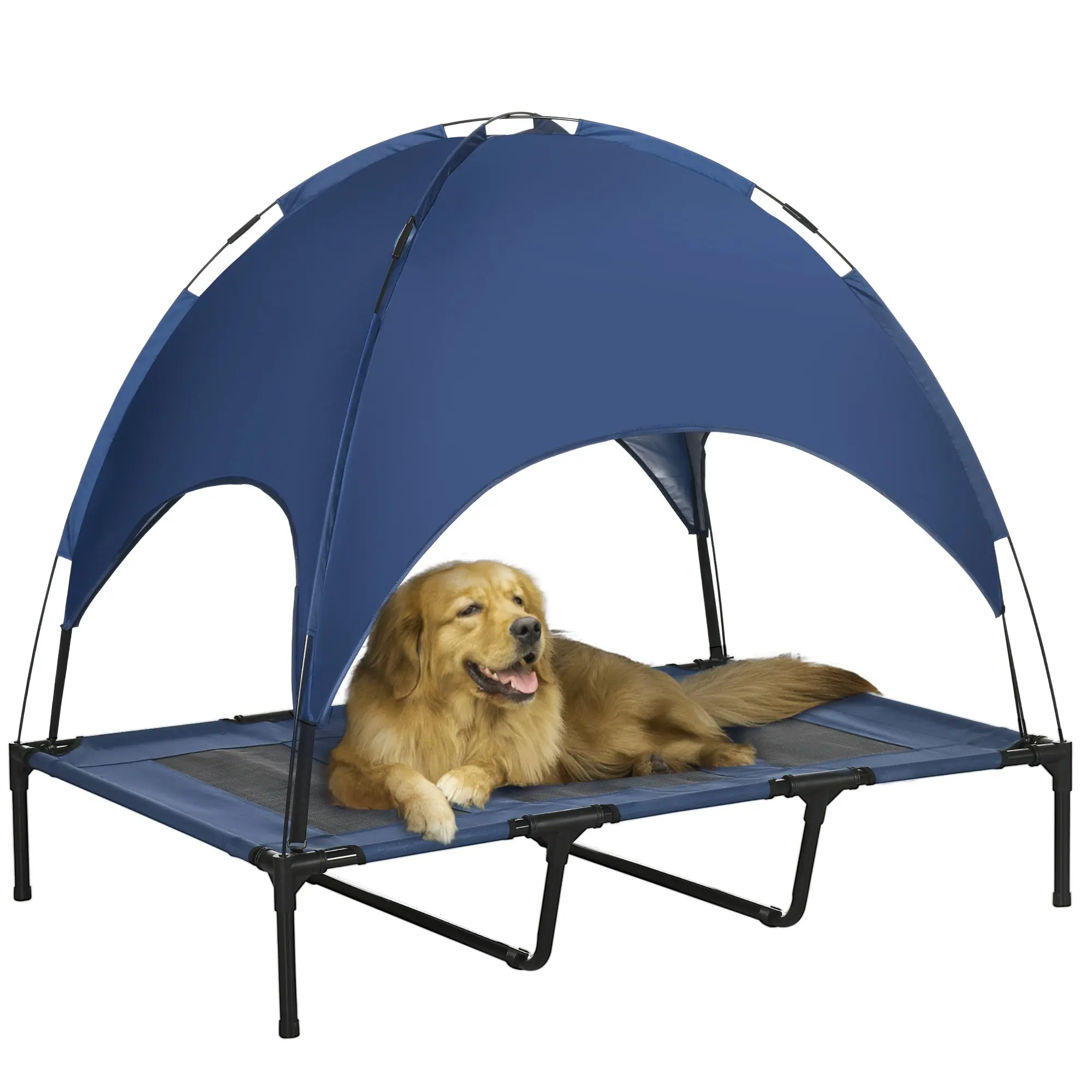 Elevated Dog Bed with Canopy, Pet Bed, Outdoor Dog Lounger with Roof, Breathable, Taft Fabric for Camping Navy Blue 122 x 92 x 108 cm