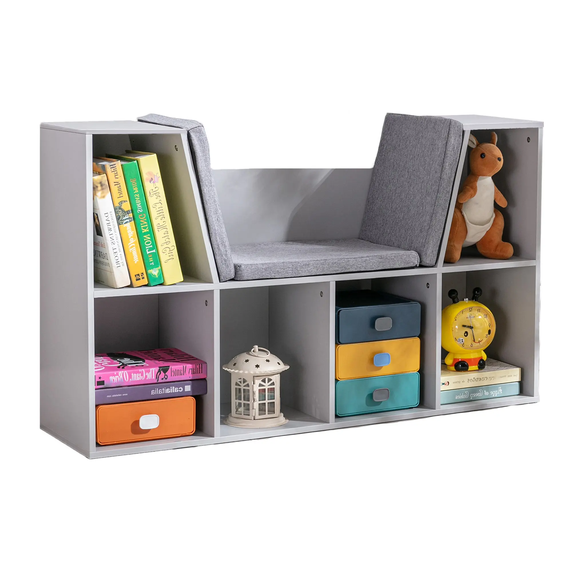 Children's Shelf Bookshelf with Ottoman Kids Bench with 6 Compartments Seat Chest with 3 Cushions Toy Box from 3 Years Gray 103 x 30 x 62 cm