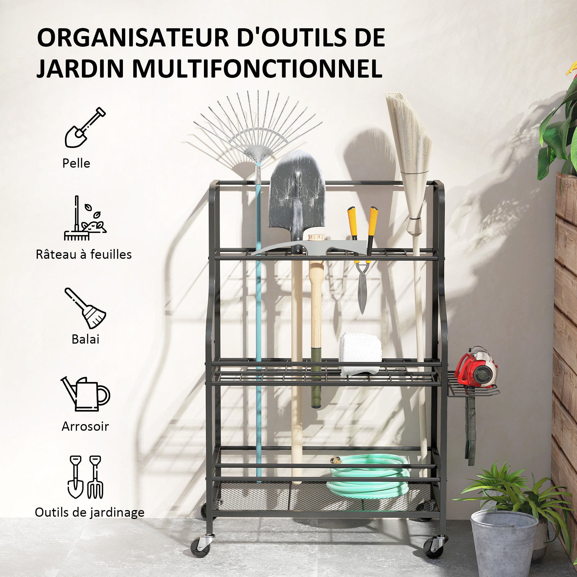 Outsunny Gaardentools-Organisator, 54-Plazen Gaardentoollagerung mat 5 Haken, Stol Garage Tool Rack op Rieder, 3 Niveaue fir Tools, Rechen, Schwaarz