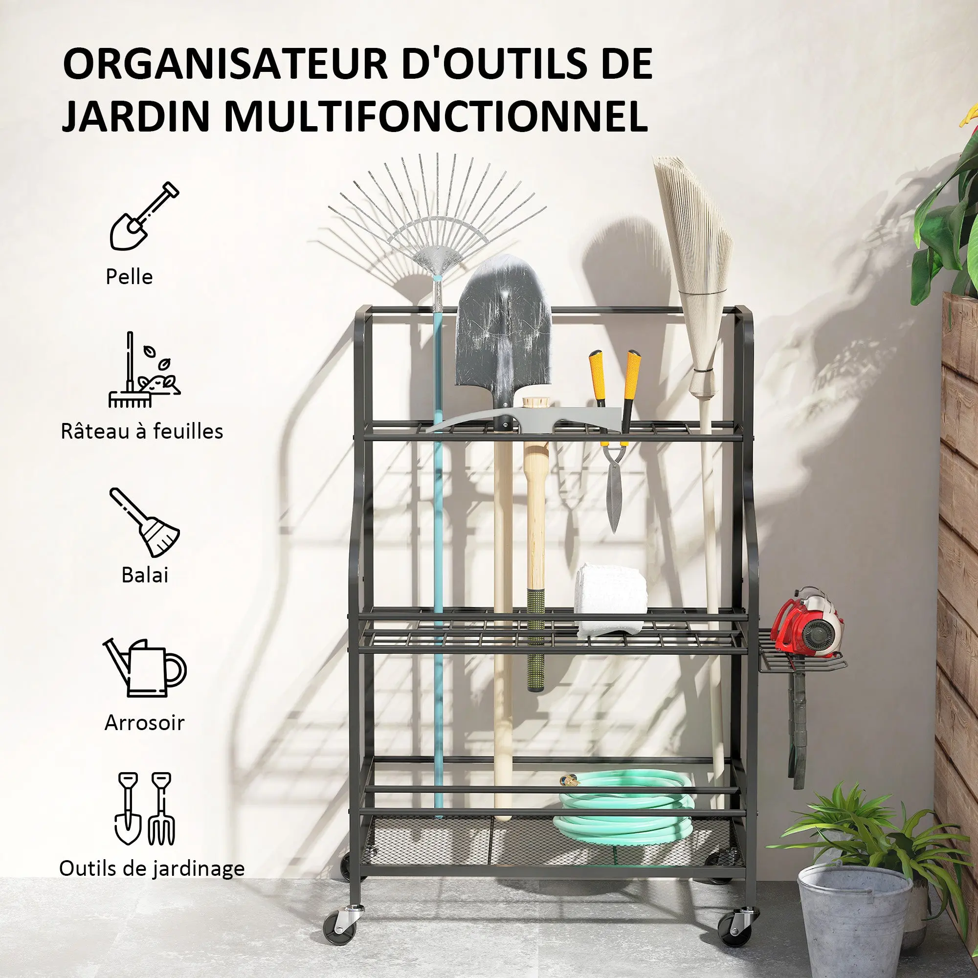 Garden Tool Organizer, 54-Slot Garden Tool Storage with 5 Hooks, Steel Garage Tool Rack on Wheels, 3 Levels for Tools, Rakes, Black
