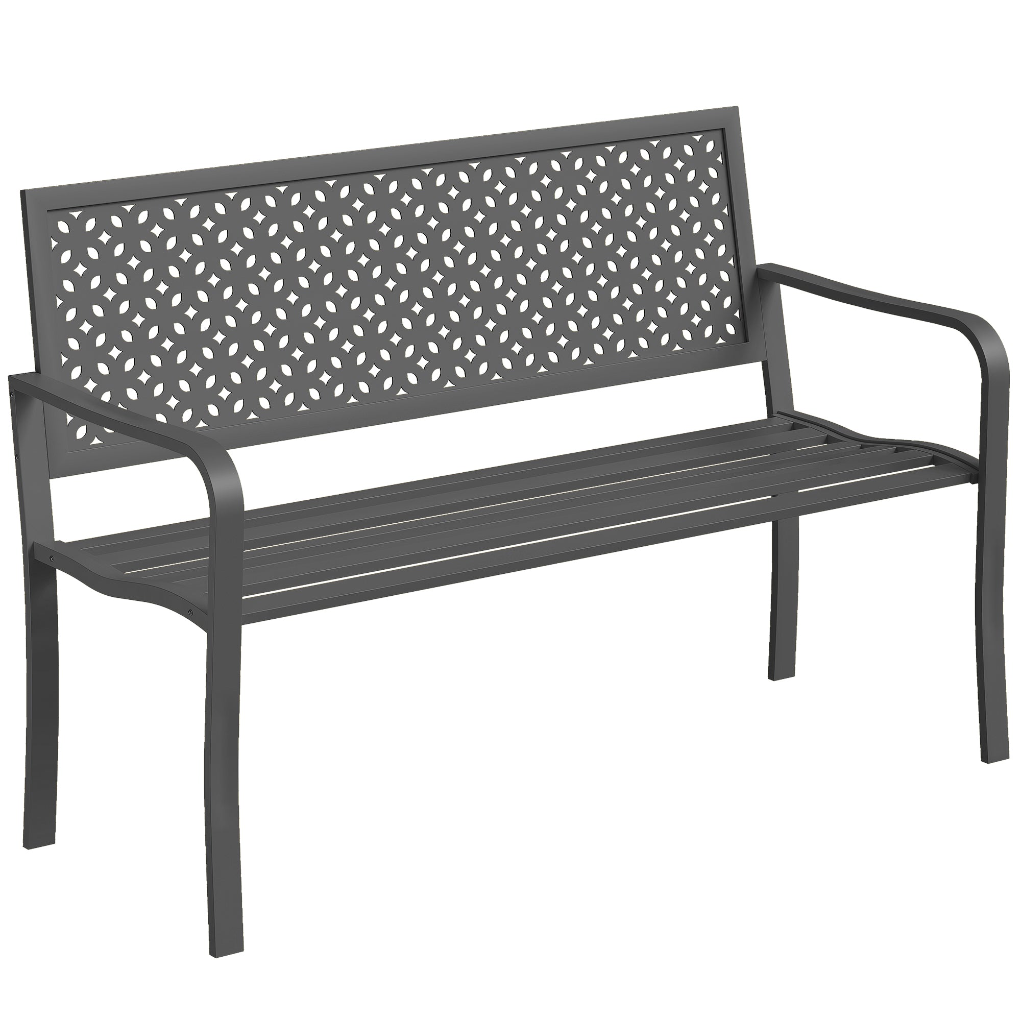 Outsunny Metall-Gartenbank für 2 Personen – wetterfest, rostgeschützter Lamellenrücken, geometrisches Design, belastbar bis 240 kg, 127 × 61 × 85 cm, Dunkelgrau