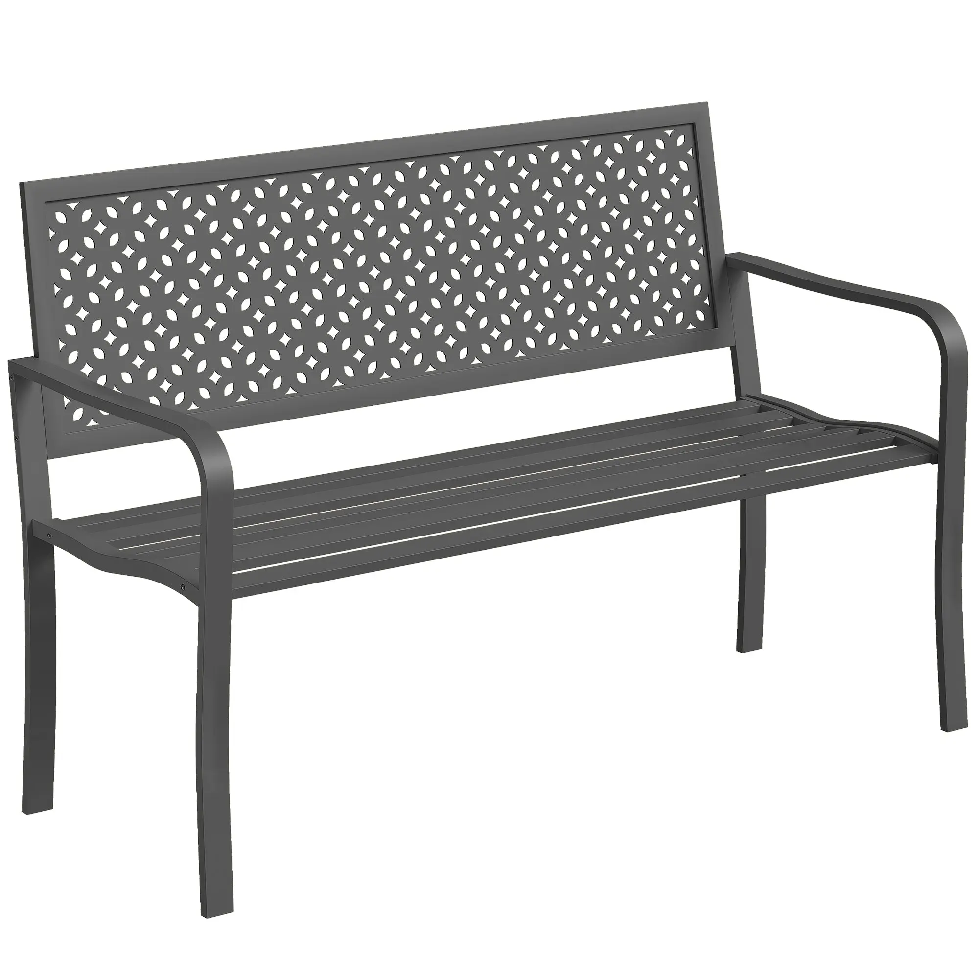 2-Seater Metal Garden Bench — Weatherproof Outdoor Bench with Rust-Resistant Louvered Steel Backrest, Geometric Design, Fits up to 529 lb, 50" x 24" x 33.5", Dark Gray