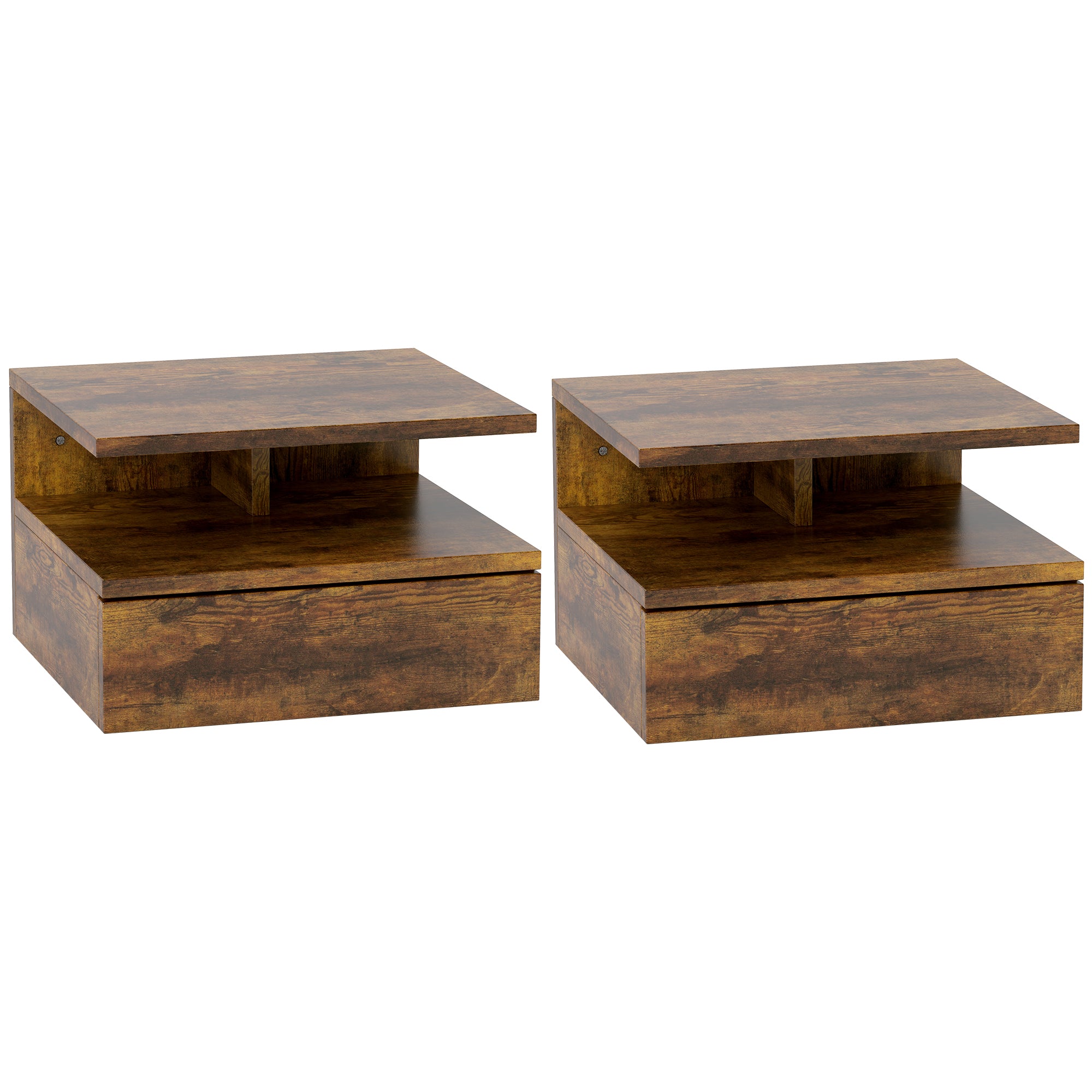 HOMCOM Set aus 2 Wandmontierten Nachttischen, Moderne Nachttische mit Schublade und Ablage in Holz, 35x32x22,5 cm, Rustik Braun