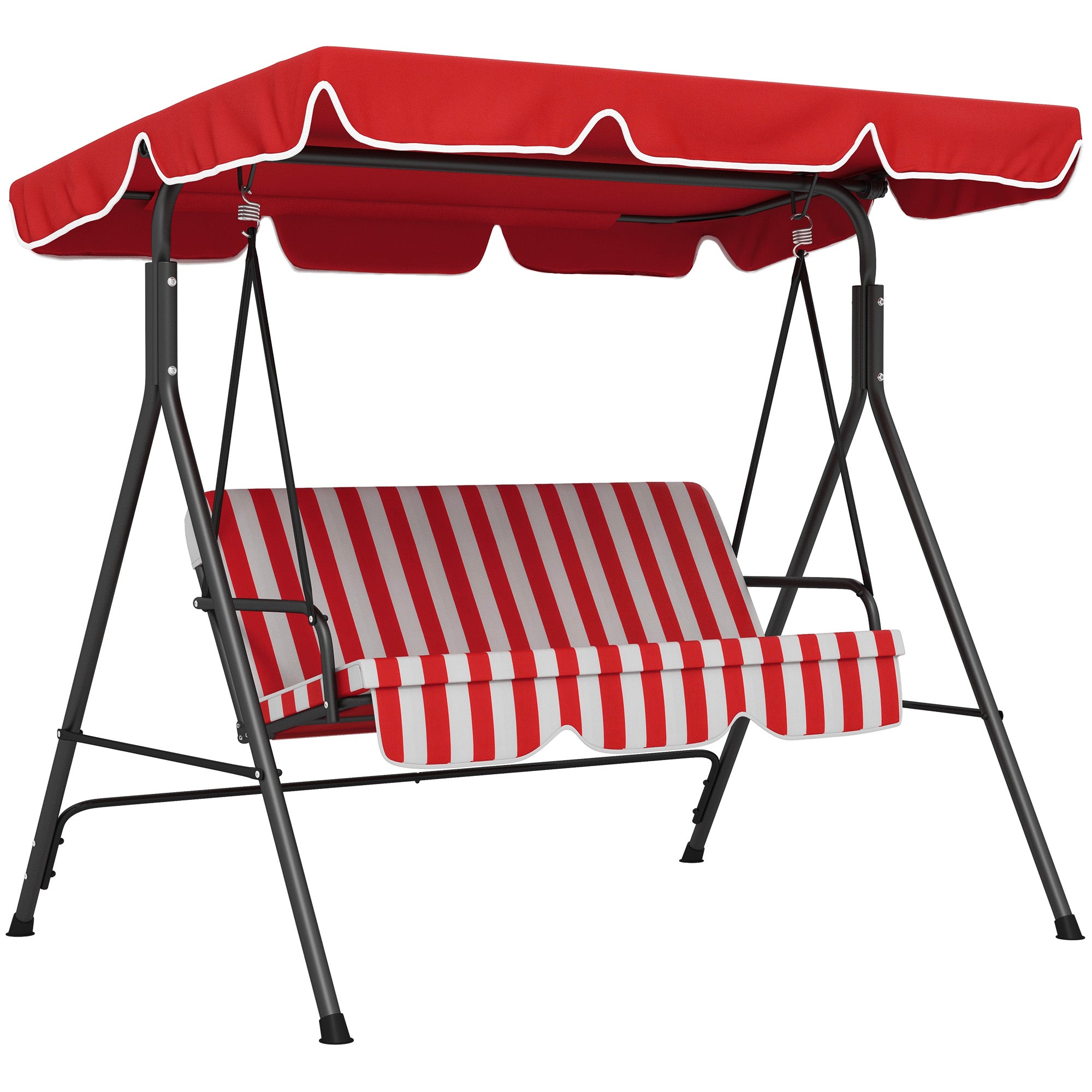 Balançoire de Jardin 3 Places Outsunny avec Toit à Inclinaison Ajustable, Coussins de Siège et Dossier 1,72L x 1,1W x 1,53H m Acier Noir Polyester Rouge
