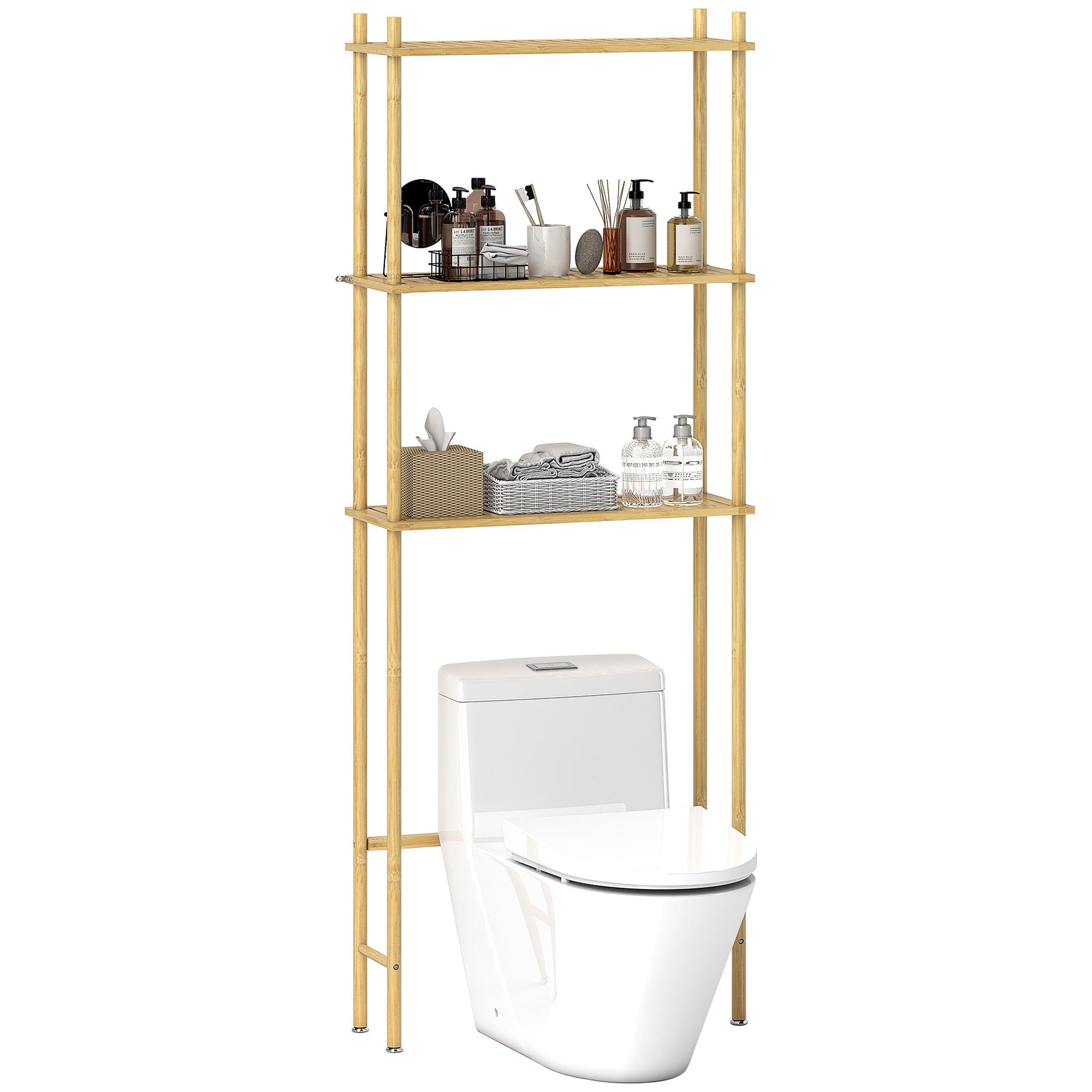 HOMCOM Toilett Shelf 3 Niveaue Badezimmerschrank mat Kippe-Schutz, Plazspuermultifunktionell Shelf aus Bambus, fir Wäsche-Raum, Landstil, Natur Holz