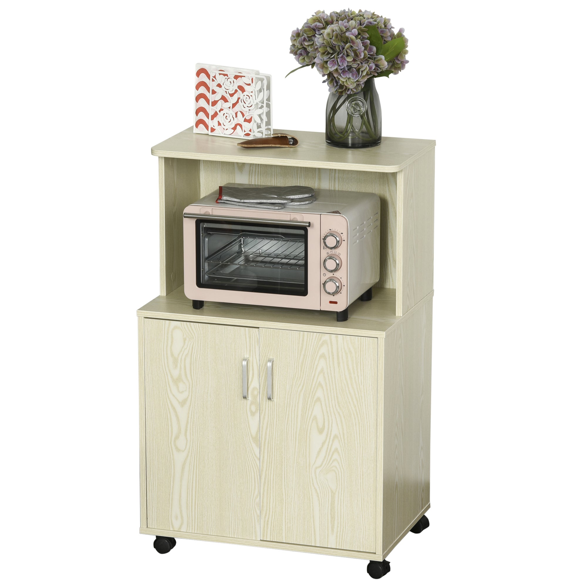 HOMCOM Mikrowellen-Sideboard Küchenschrank mit 2 Türen und verstellbarem Regal auf Rollen, belastbar bis 70 kg, 60,4x40,3x97 cm Eiche
