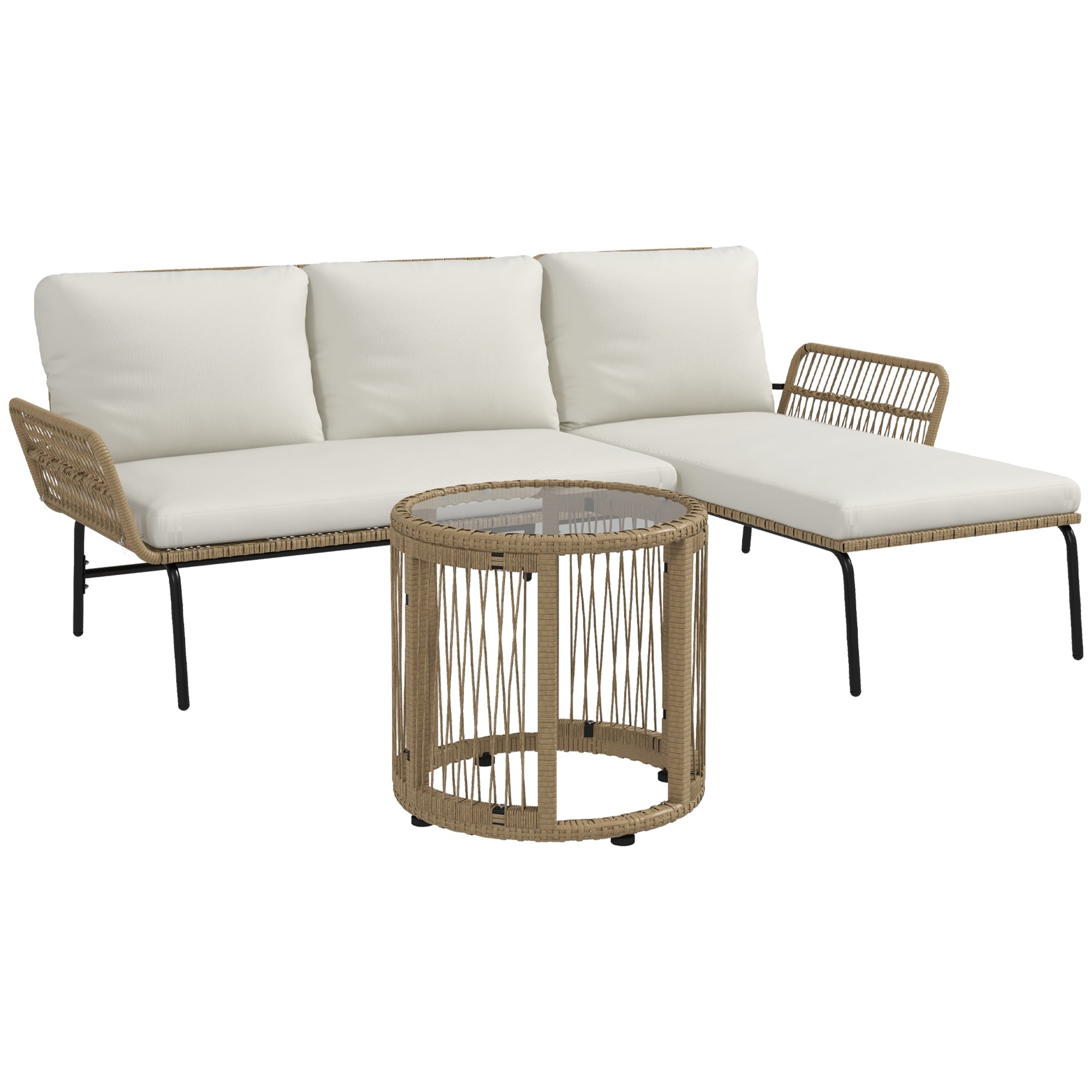 Outsunny 3-teiliges Rattan Gartenmöbel Set, Garten Set mit Liegestuhl, Couchtisch, Loveseat, Garten Set mit Sitzkissen, Balkonmöbel Set für Garten, Terrasse, Creme