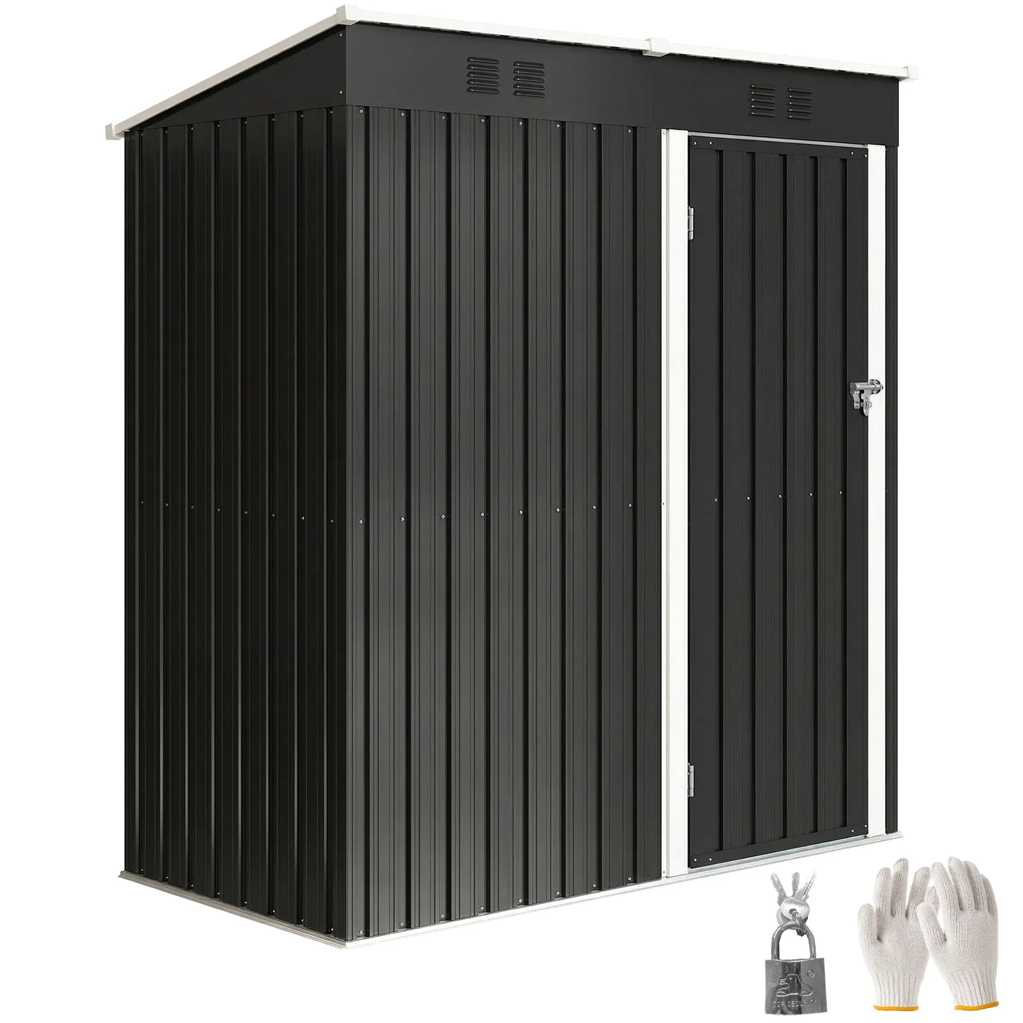 Outdoor Metal Garden Shed 1.37 m2, 163 x 90 x 179 cm (64.2 in x 35.4 in x 70.5 in) – Lockable Door, Ventilation Slots, Tool Storage, Dark Gray
