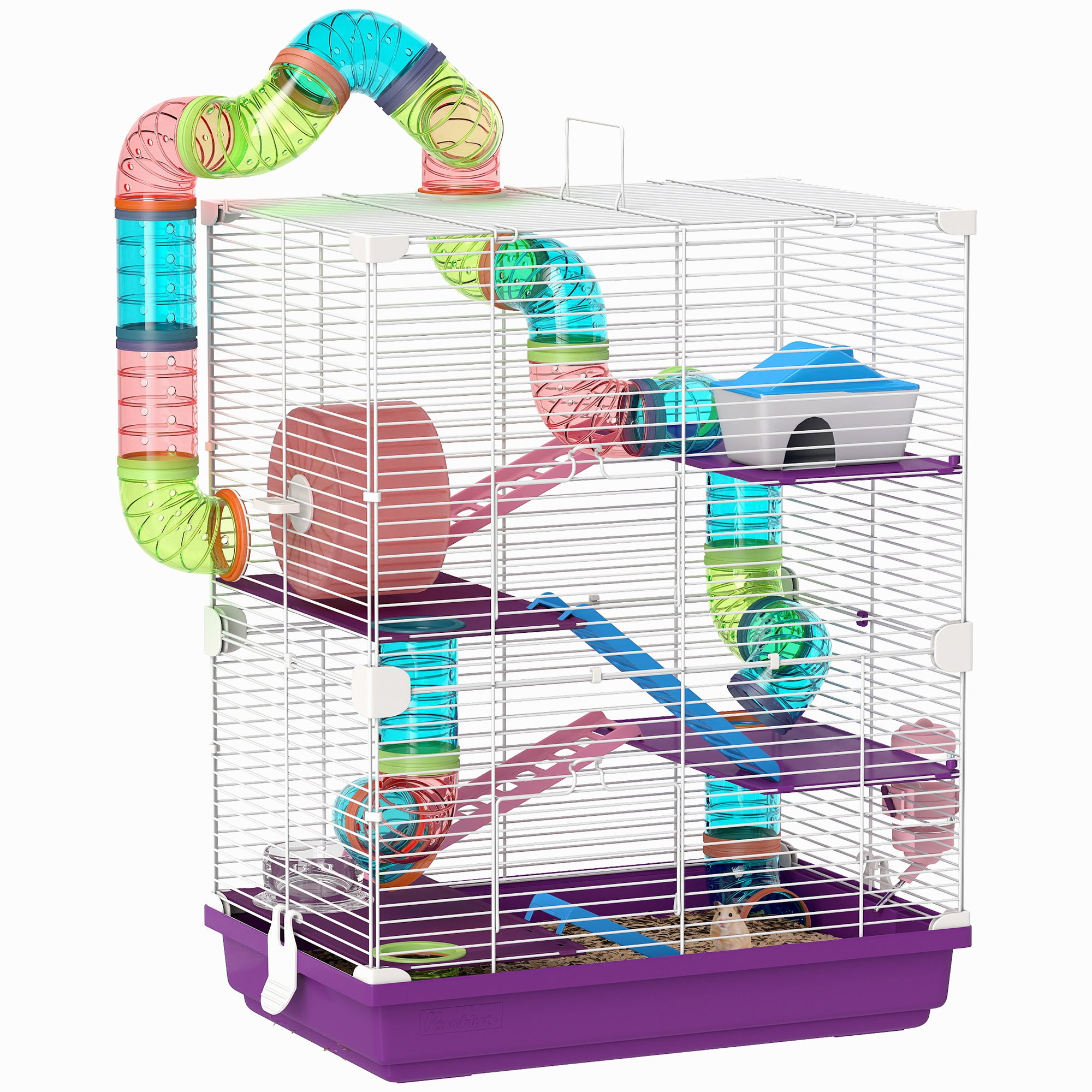 PawHut Hamsteritalo 4 Tasoa Tunnelilla, Ruuvauspyörällä, Talolla ja Portaita, mitat 46L x 30W x 58H cm Violett