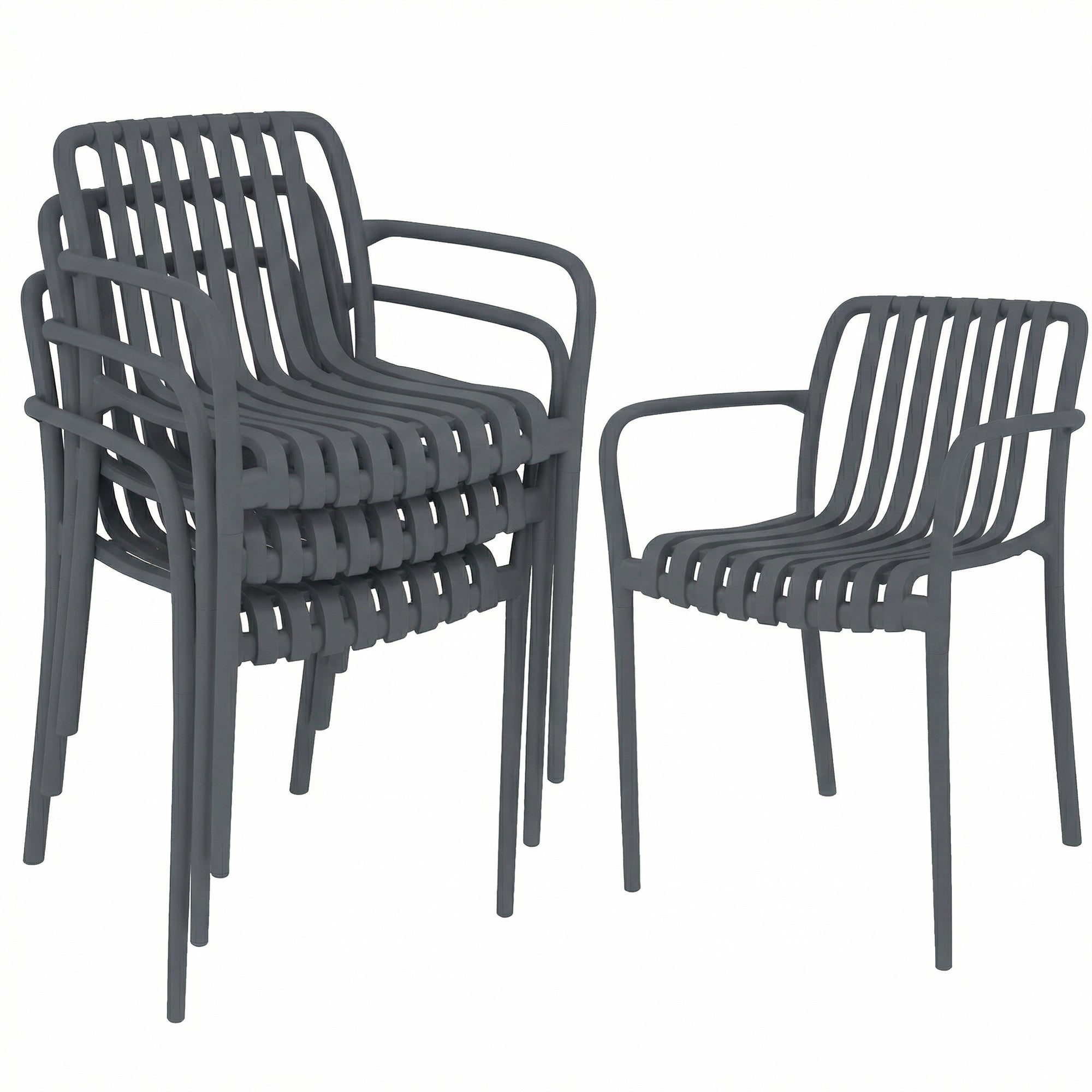 Outsunny 4‑teiliges stapelbares Gartenstühle‑Set – Lamellen‑Design mit Armlehnen, ergonomisch, dunkelgrau