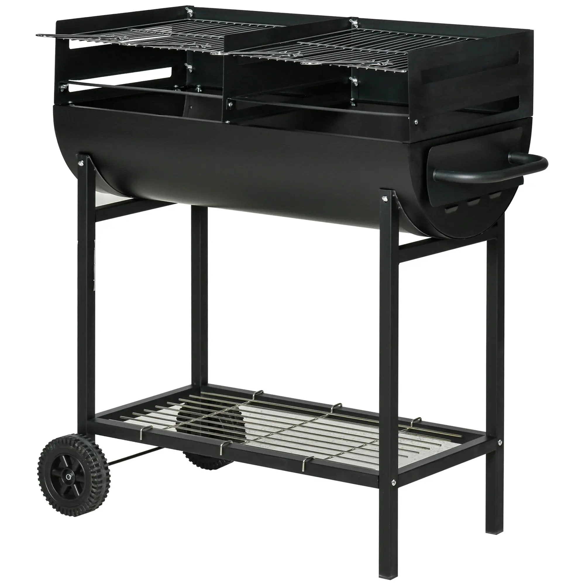 Charcoal BBQ with Adjustable Height Grill for Outdoor Portable BBQ with Storage Shelf and Wheels 90x45x96 cm Black