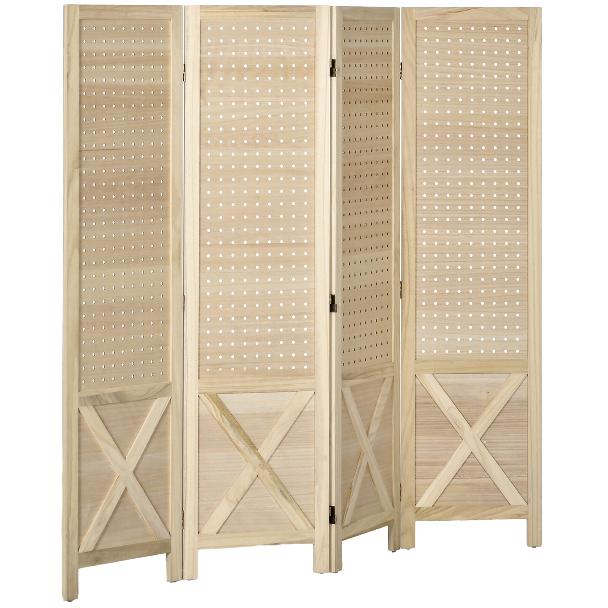HOMCOM 4-panelers Rumdeler 152x1.7x144.5 cm Foldbar Rumseparator Træ Privatlivsskærm med Ophængshuller til Kontor, Soveværelse, Stue Naturlig