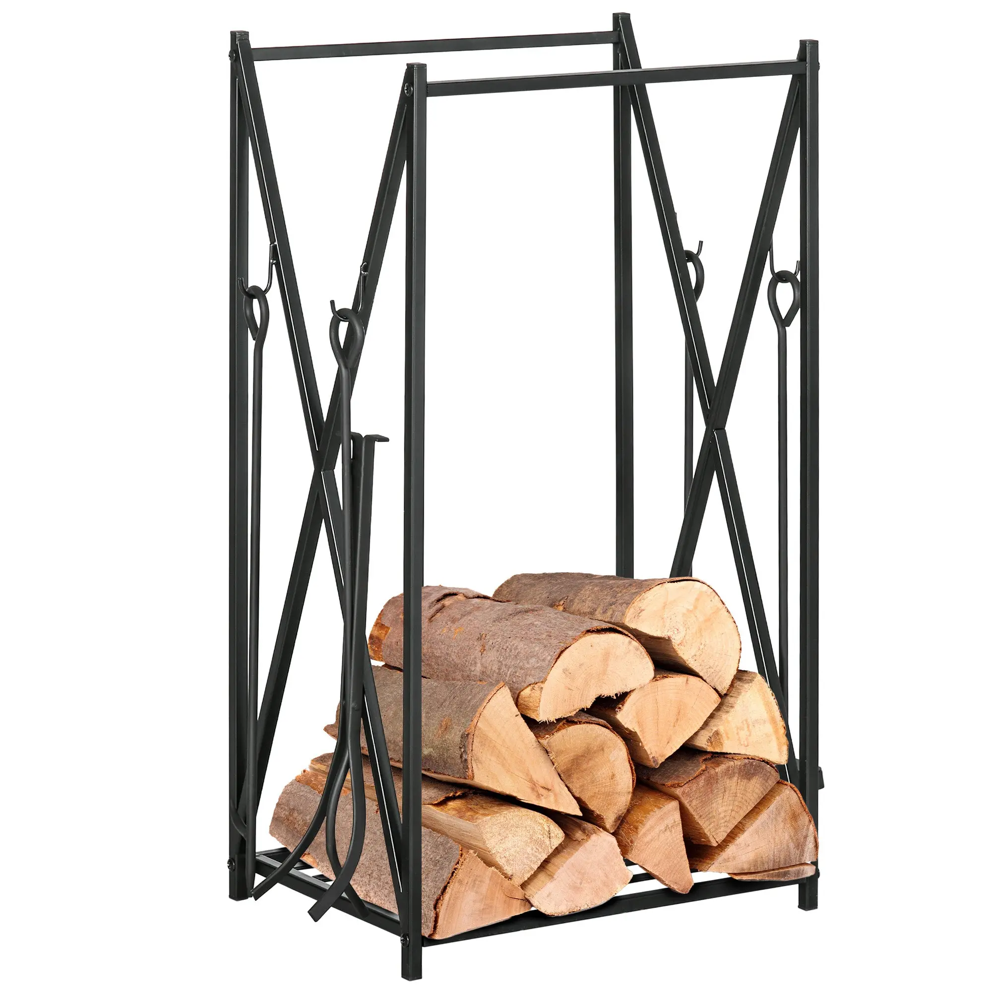 Fireplace Log Rack 46x30x76 Wood Holder with 4 Tools Steel Frame Stable Load 100 kg for Outdoor and Indoor Black
